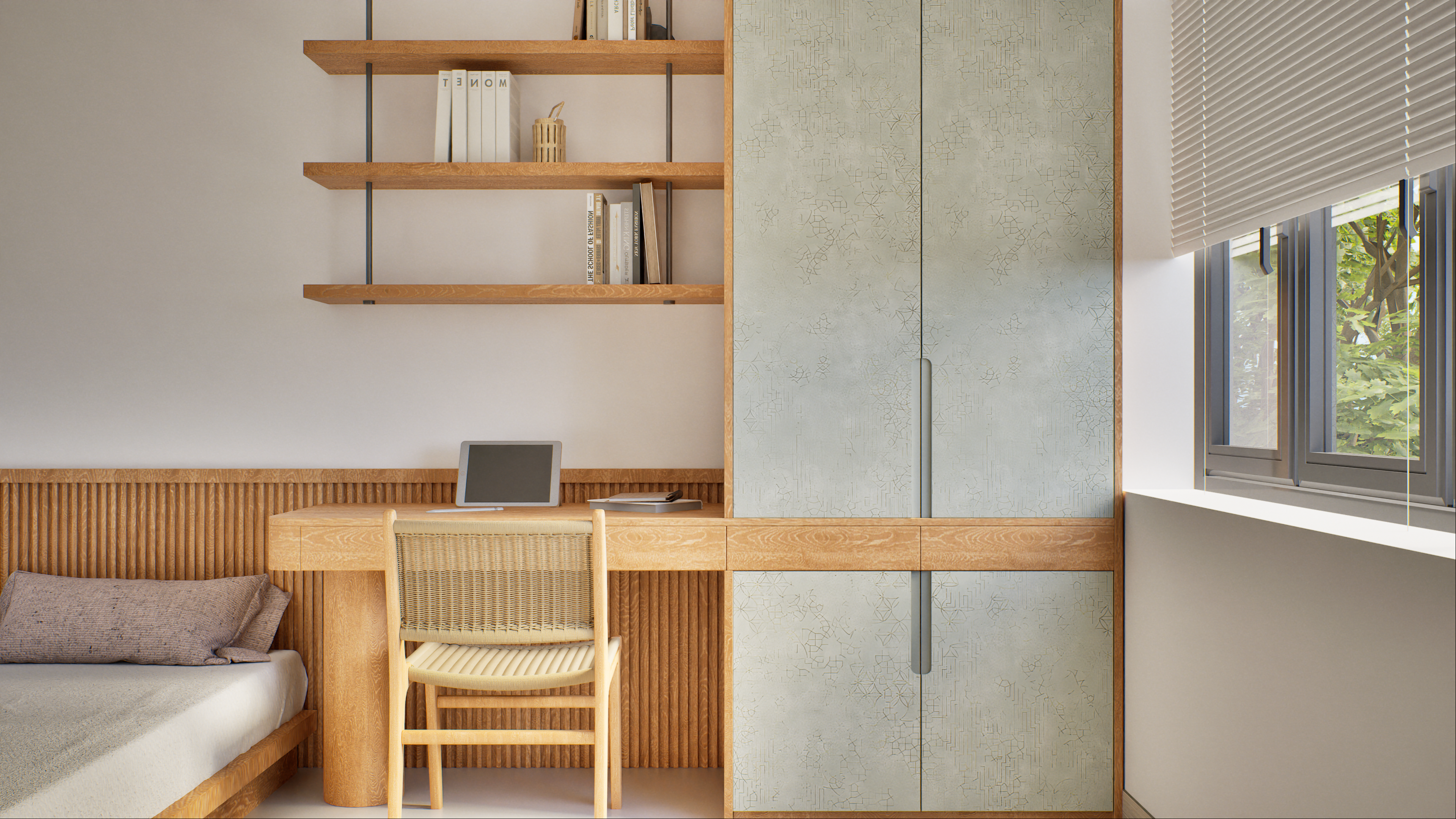 Minimalist Bedroom with Textured Wardrobe and Built-in Study Desk | Material Depot