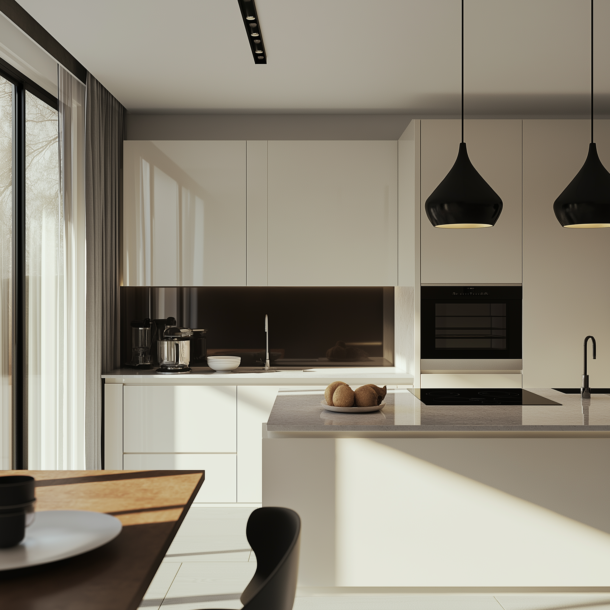 Minimalist Cream Glossy Solid Laminate Kitchen with Black Accents | Material Depot