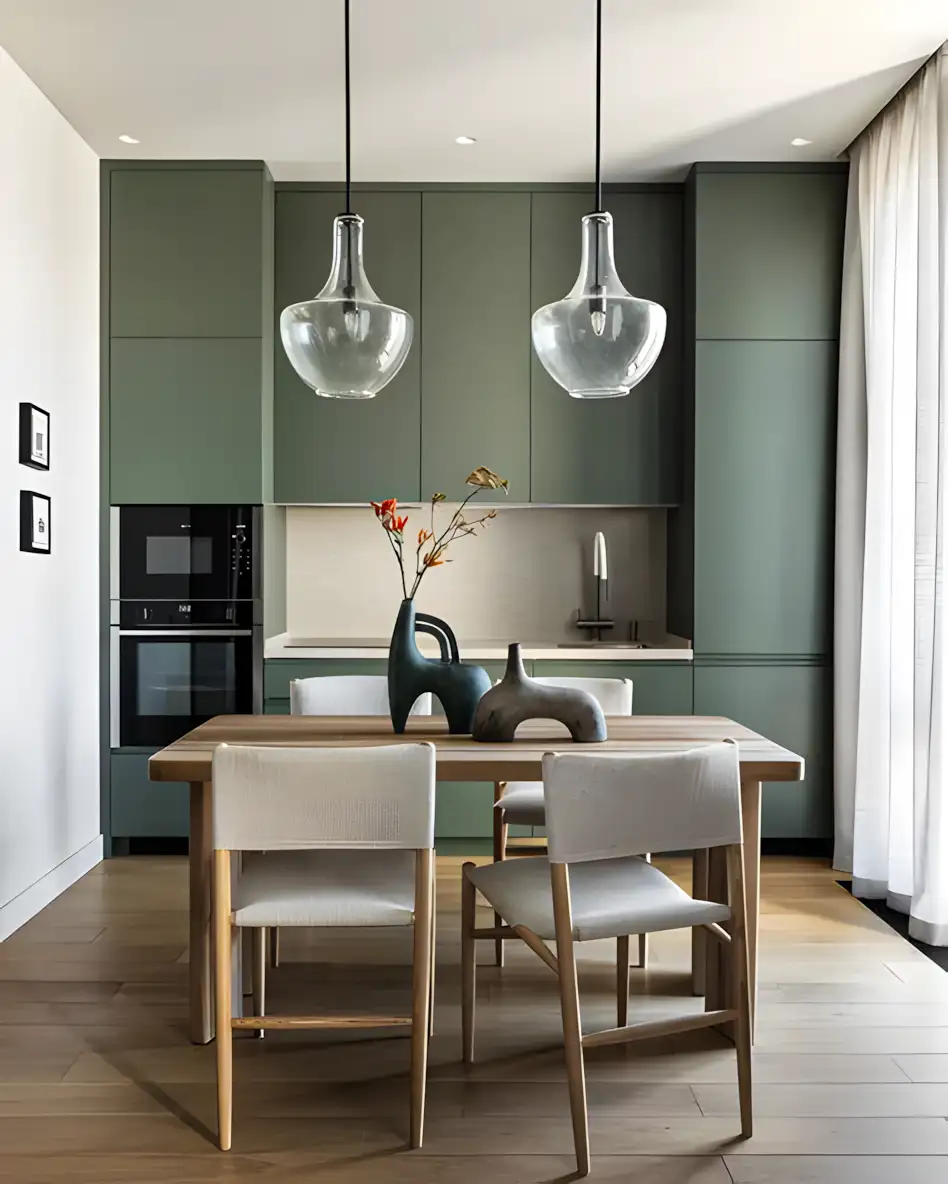 Minimalist Dining and Kitchen Combo with Sage Green Cabinets | Material Depot