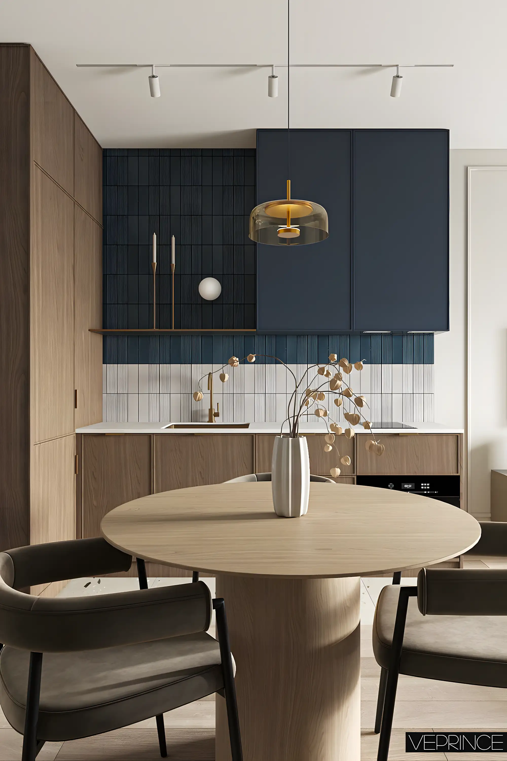 Minimalist Dining and Kitchen Space with Blue and Wood Accents | Material Depot