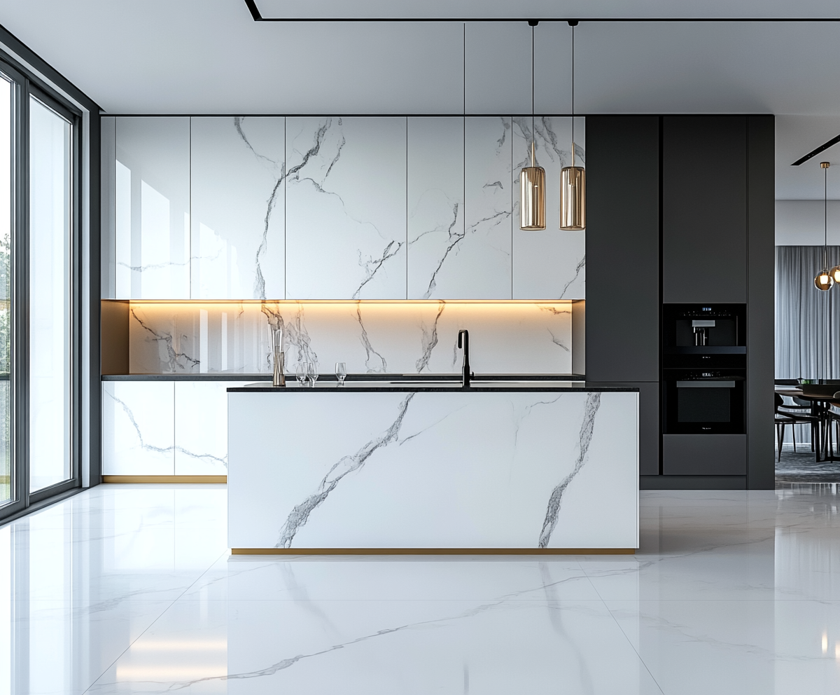 Minimalist Elegance: Kitchen with Marble Backsplash and Sleek Design | Material Depot