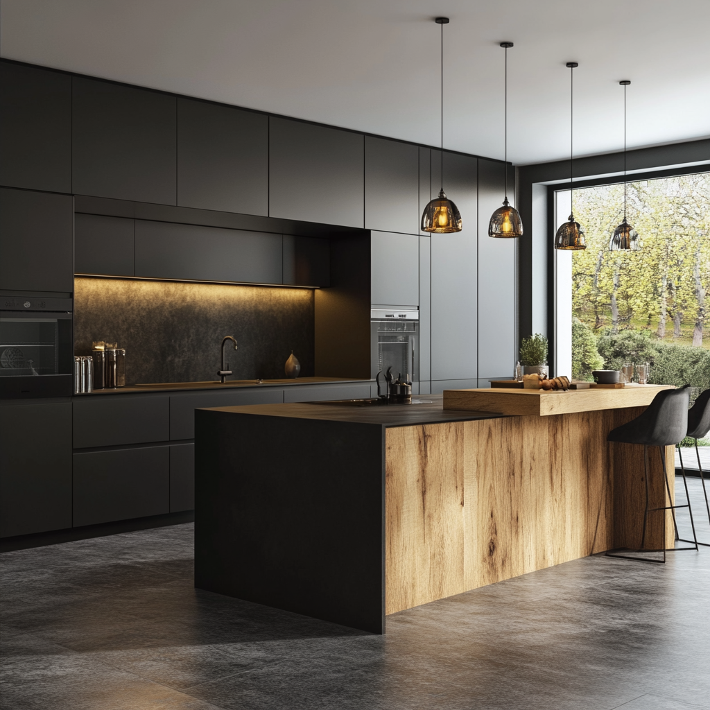 Minimalist Kitchen Design Blending Natural Wood Tones with Modern Black Accents | Material Depot