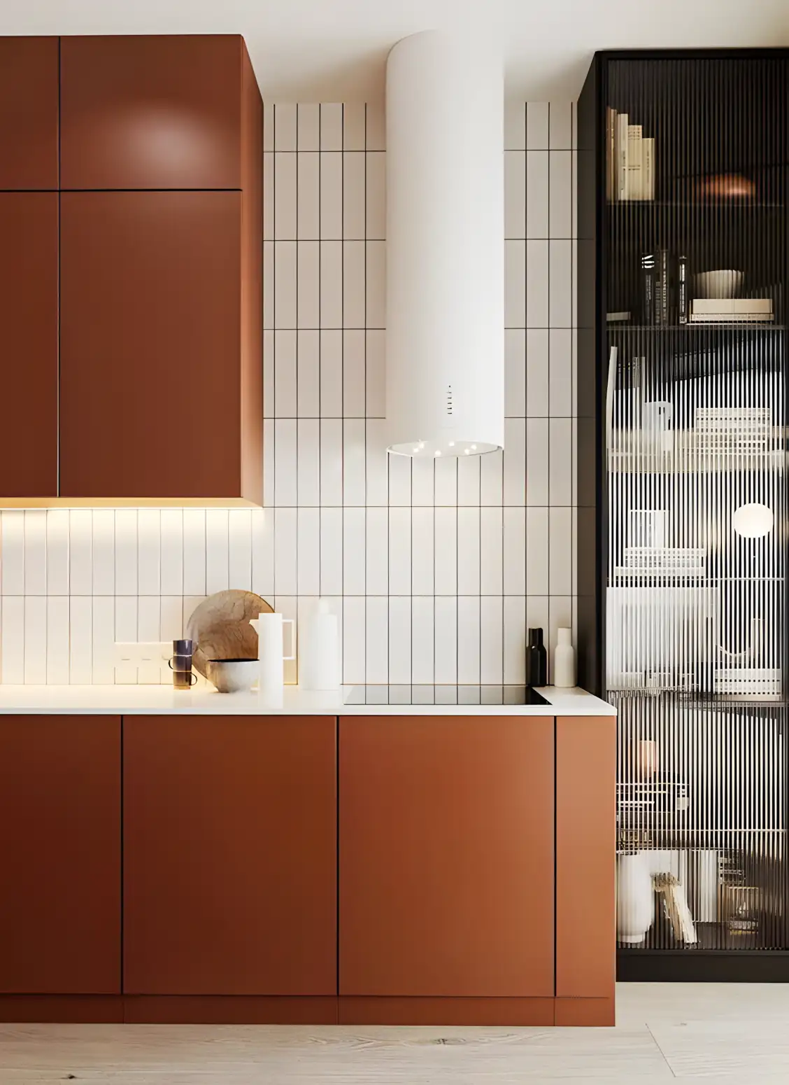 Minimalist Kitchen Design with Terracotta Cabinets and White Vertical Tile Backsplash | Material Depot