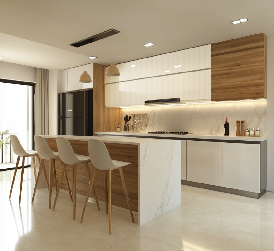 Minimalist Kitchen with Fluted Acrylic Cabinets and Wooden Accents | Material Depot