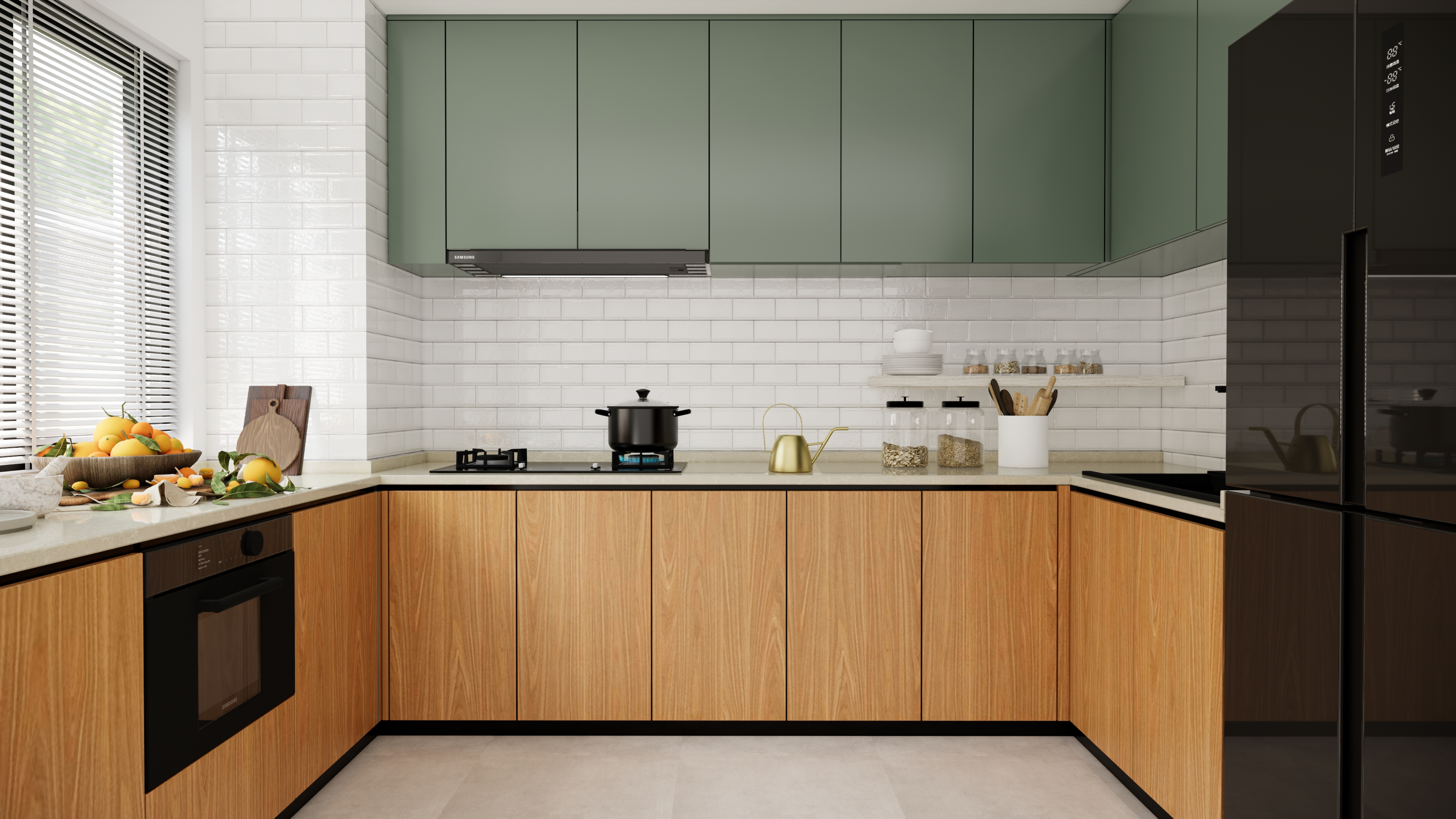 Minimalist Kitchen with Green Upper Cabinets and White Subway Tiles | Material Depot