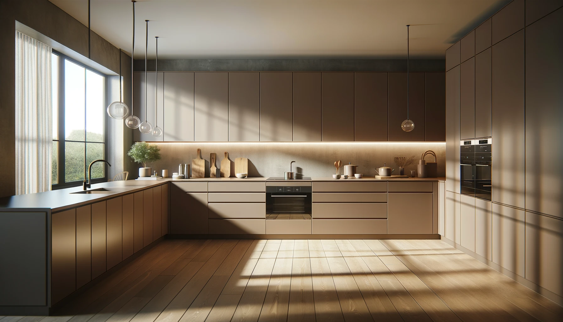 Minimalist Kitchen with Warm Tones and Glossy Finish Laminates | Material Depot