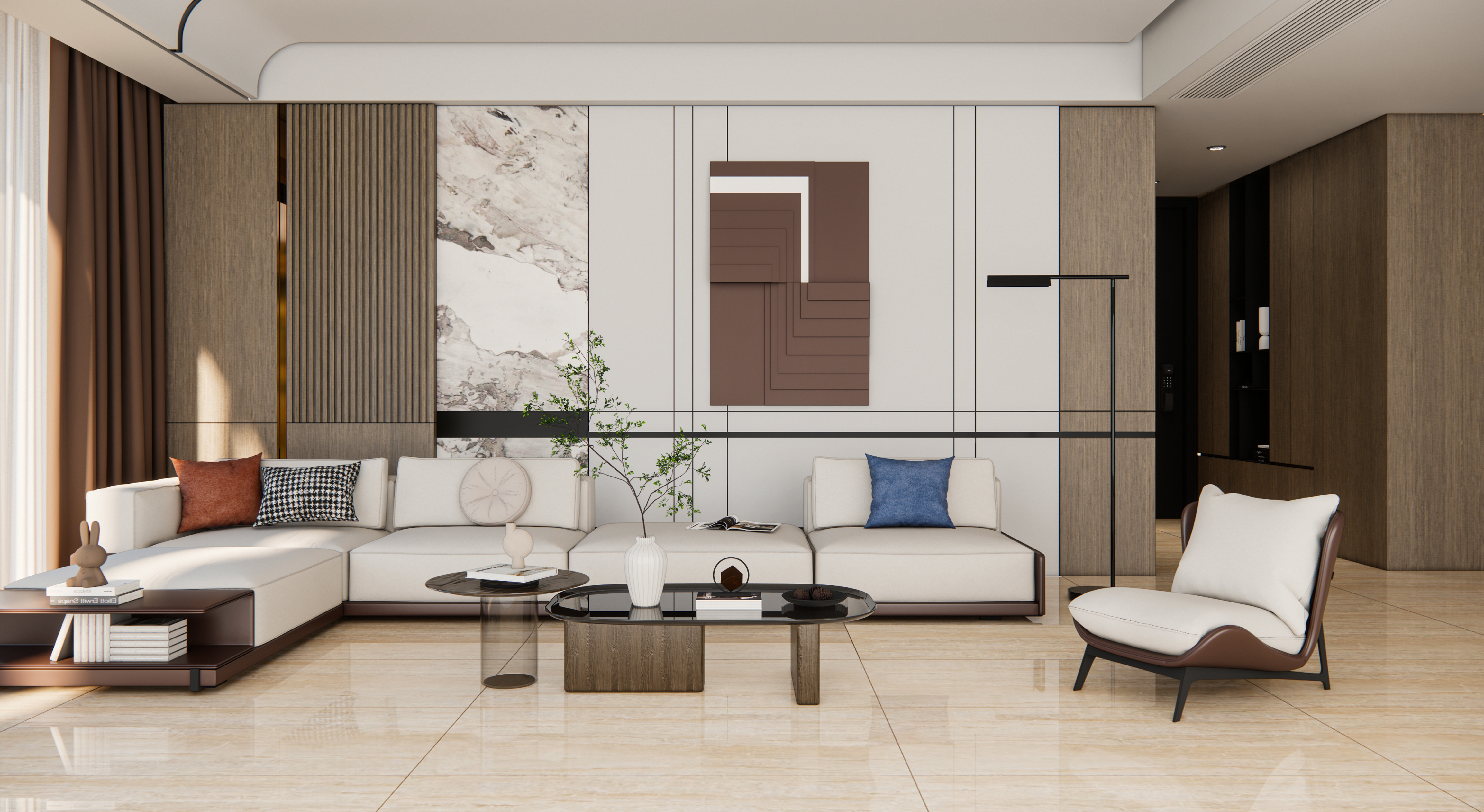 Minimalist Living Room with Beige Marble Flooring and Contemporary Accents | Material Depot