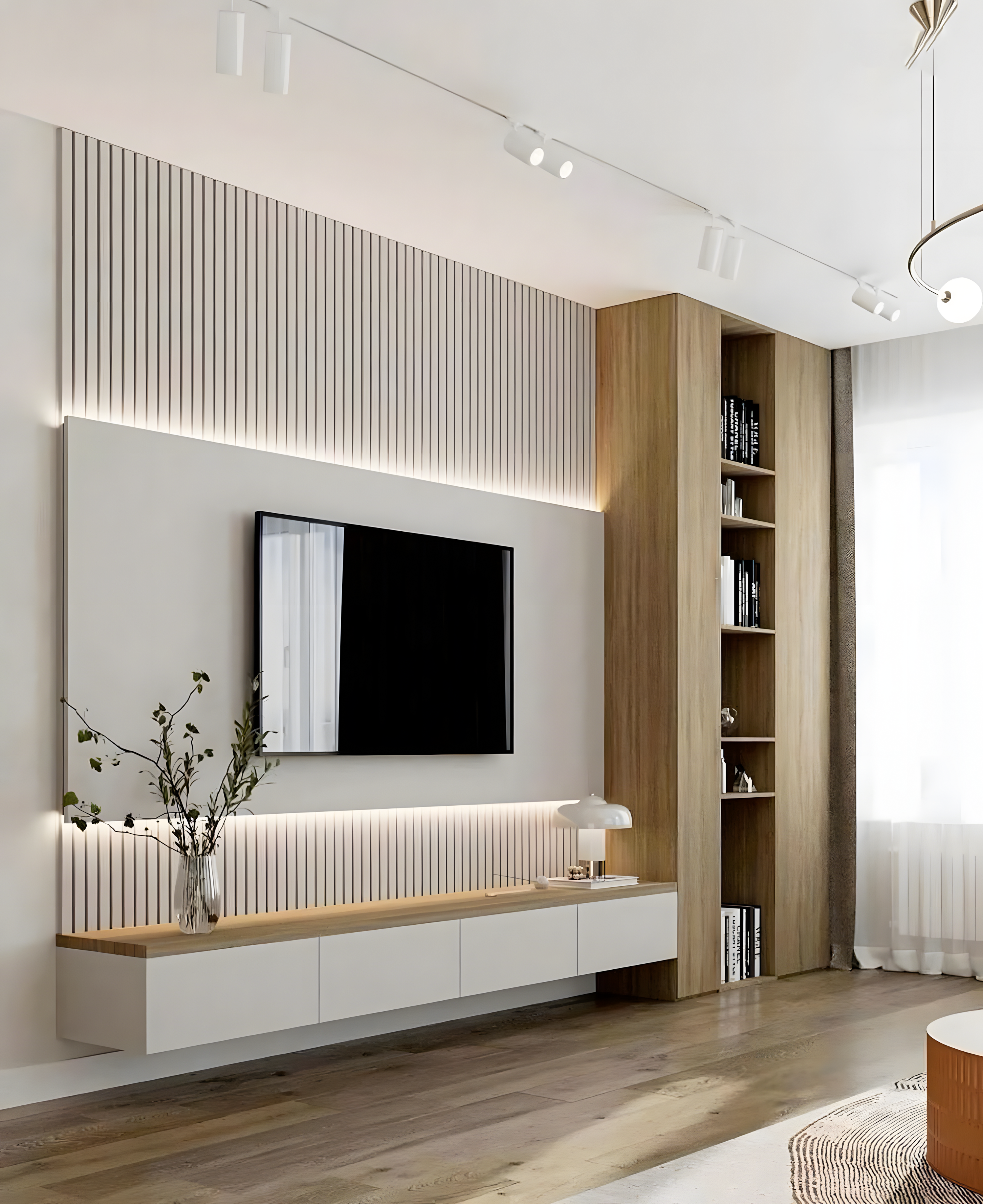 Minimalist TV Unit with Slatted Wall and Built-in Shelving | Material Depot