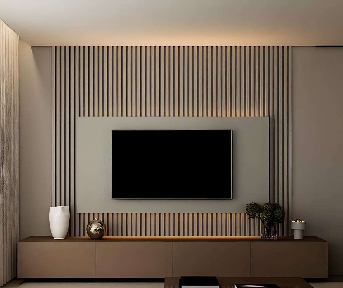 Minimalist TV Unit with Slatted Wood Accent Wall and Neutral Tones | Material Depot