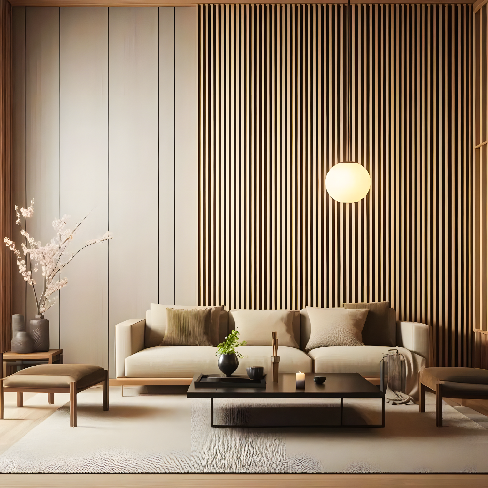 Minimalist Living Room with Wood Paneling and Natural Elements | Material Depot