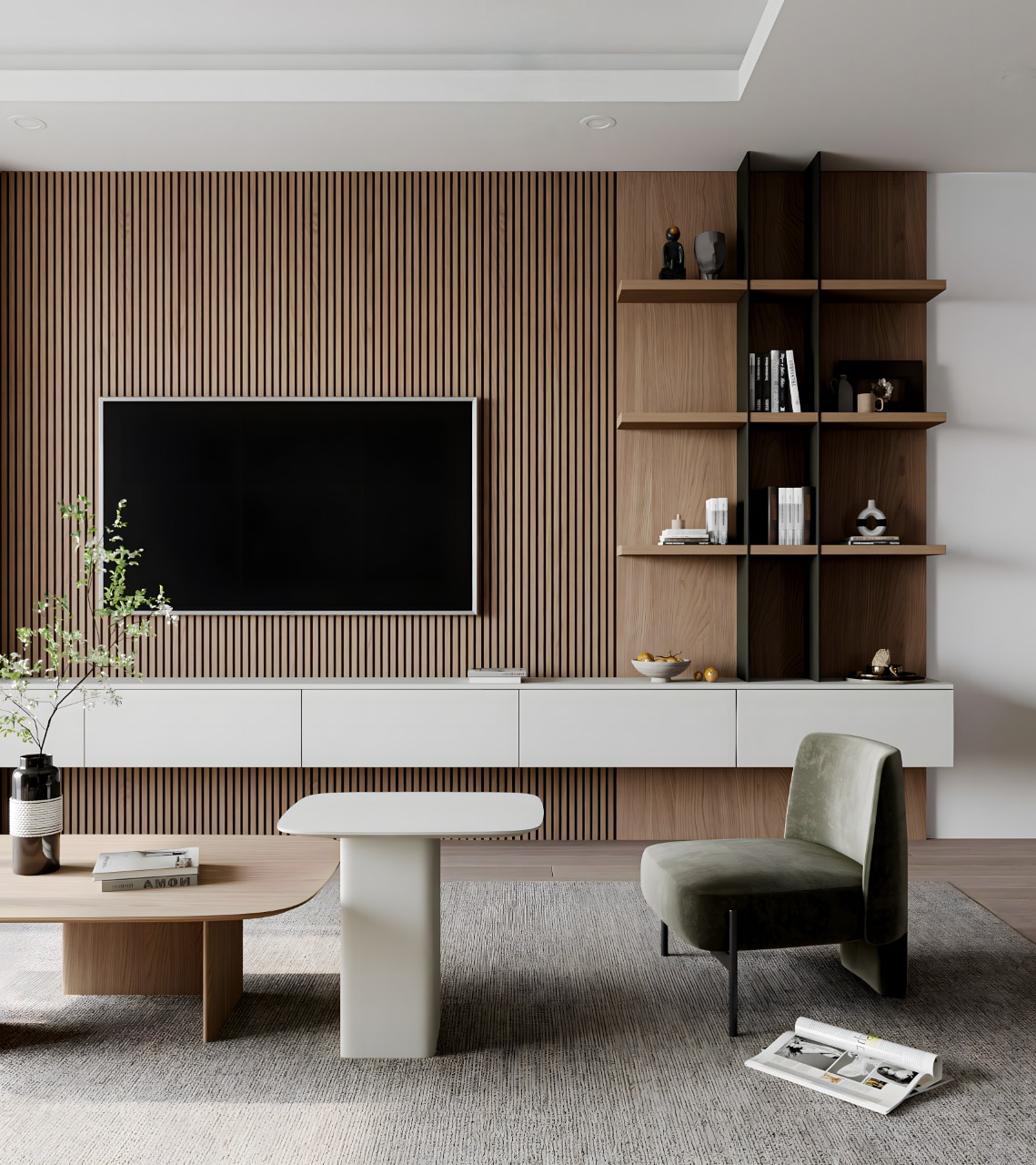 Minimalist TV Unit with Wood-Paneled Accent Wall | Material Depot