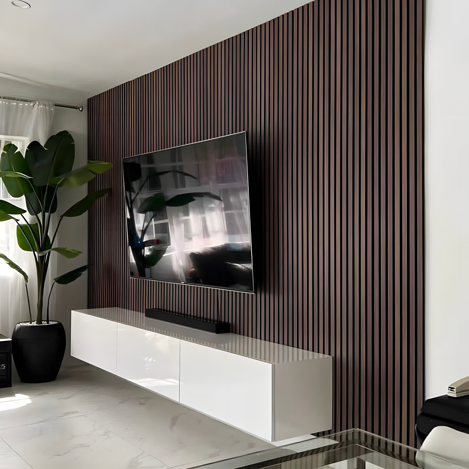 Minimalist TV Unit with Wood-Paneled Accent Wall and Neutral Tones | Material Depot