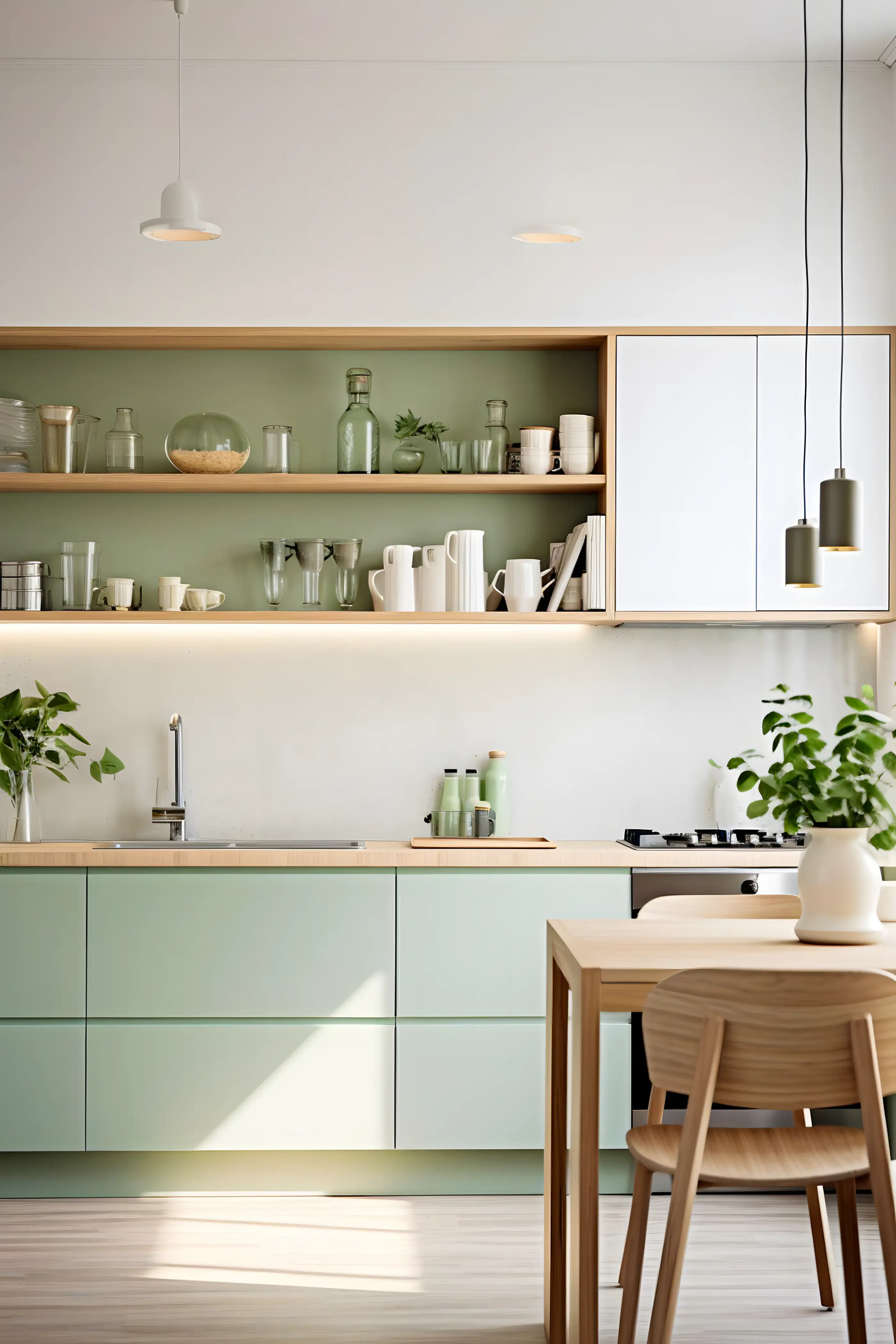 Minimalist Mint Green Kitchen with Open Shelving and Subtle Accents | Material Depot