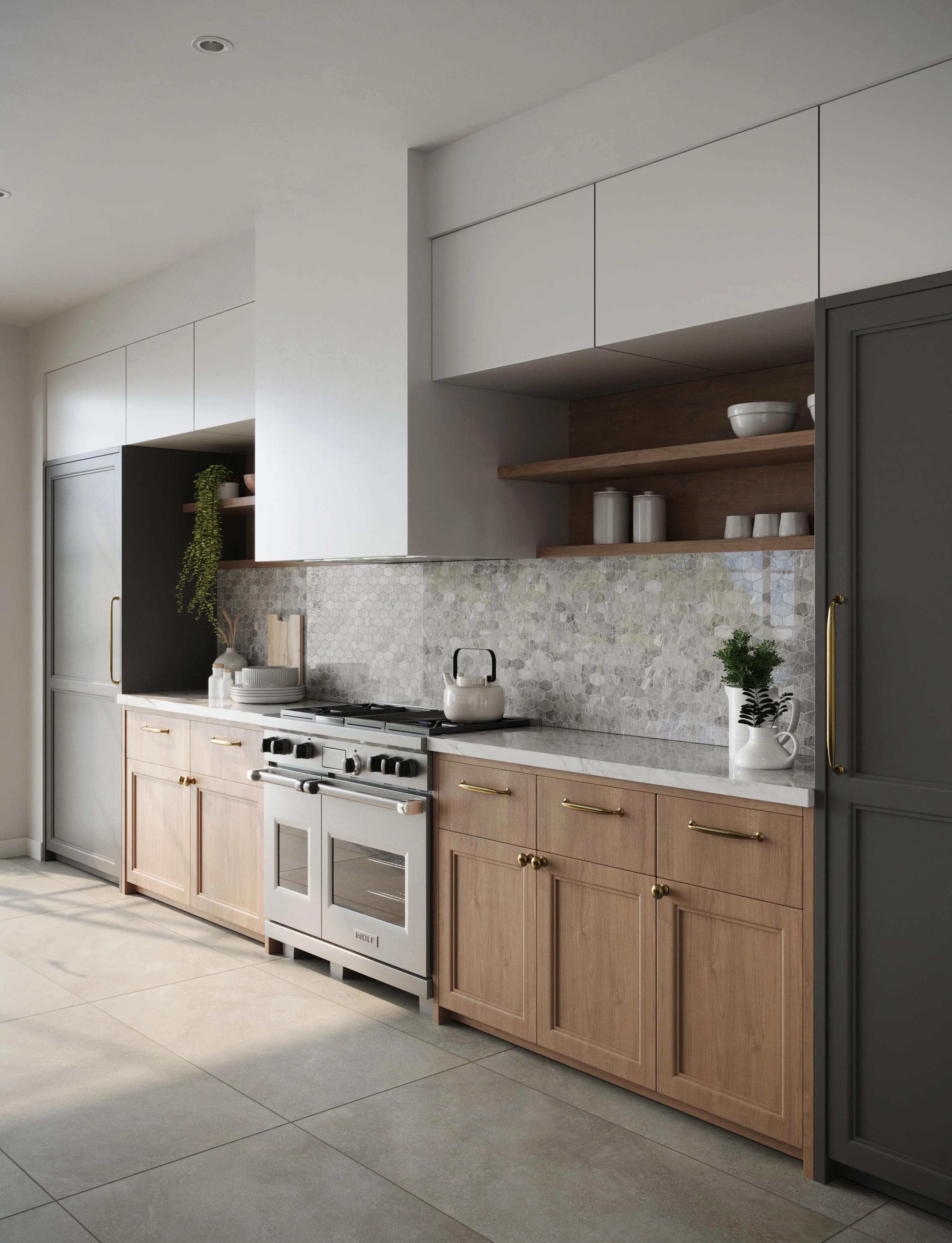 Minimalist Modern Kitchen with White and Grey Tiled Backsplash, Wood Cabinets, and Terrazzo Floor | Material Depot