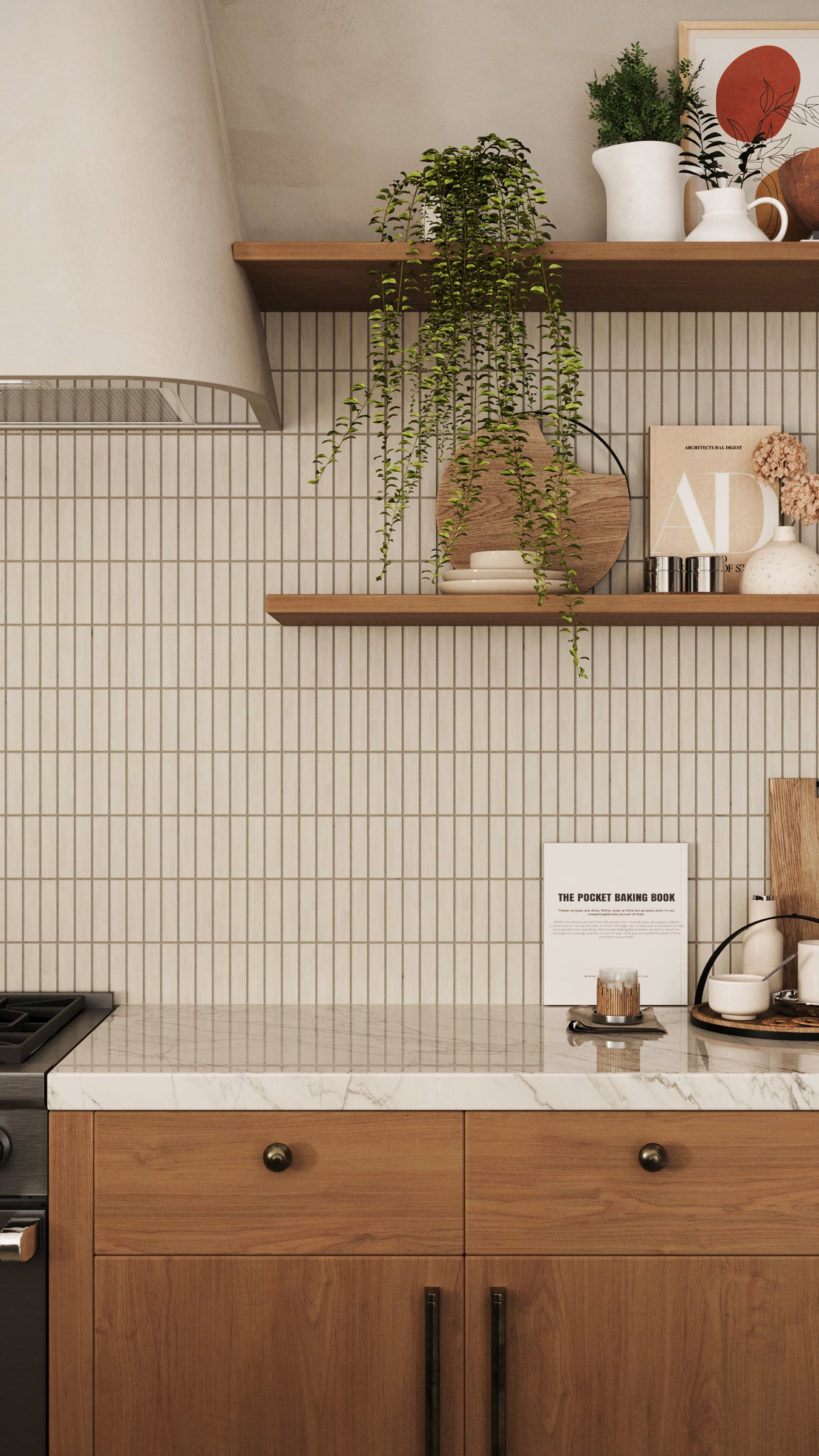 Minimalist Modern Kitchen with White Tiled Backsplash, Wood Cabinets, and Open Shelving | Material Depot