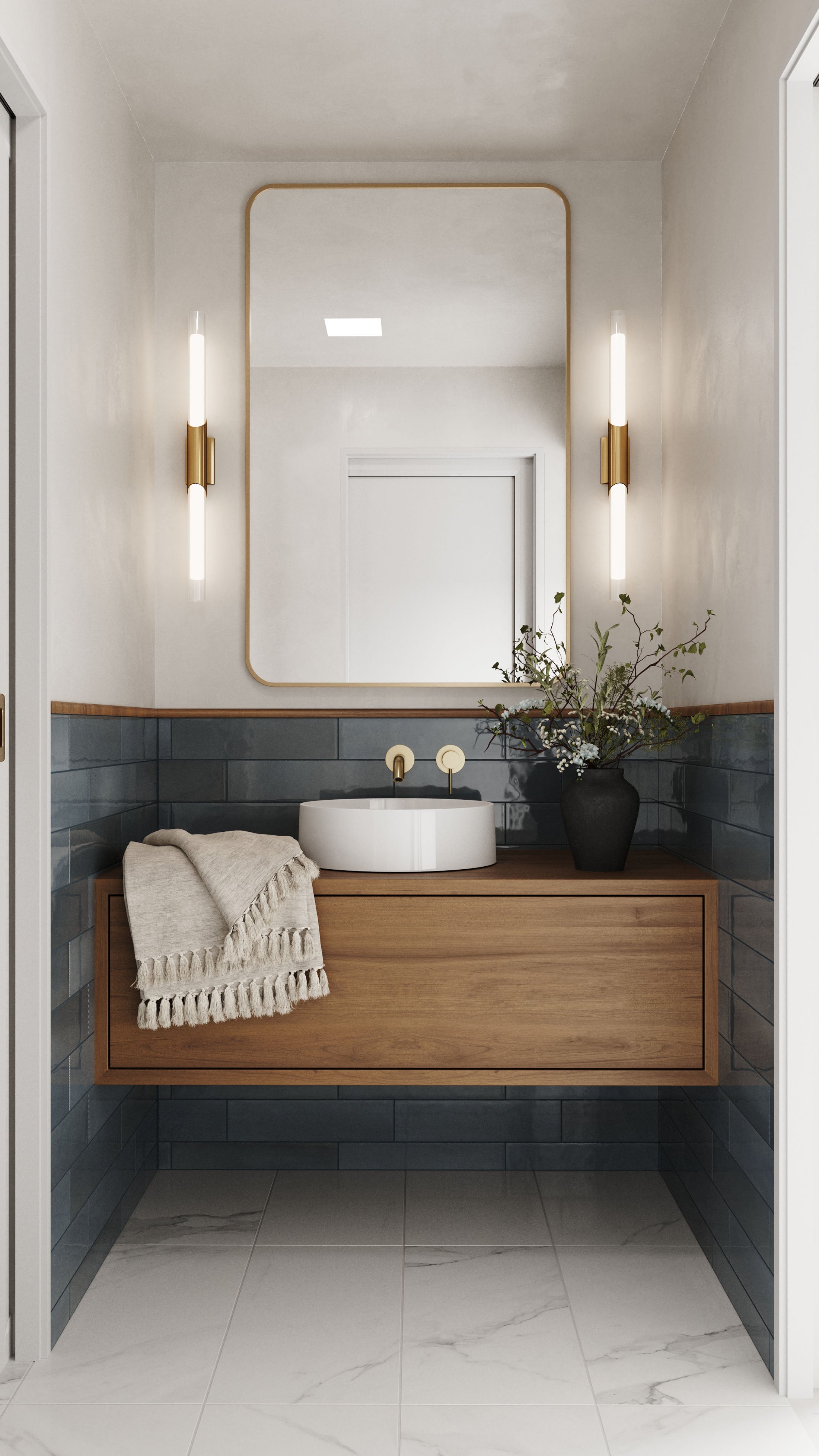 Minimalist Modern Powder Room with Blue Tiled Backsplash, Wood Vanity, and Marble Floor | Material Depot