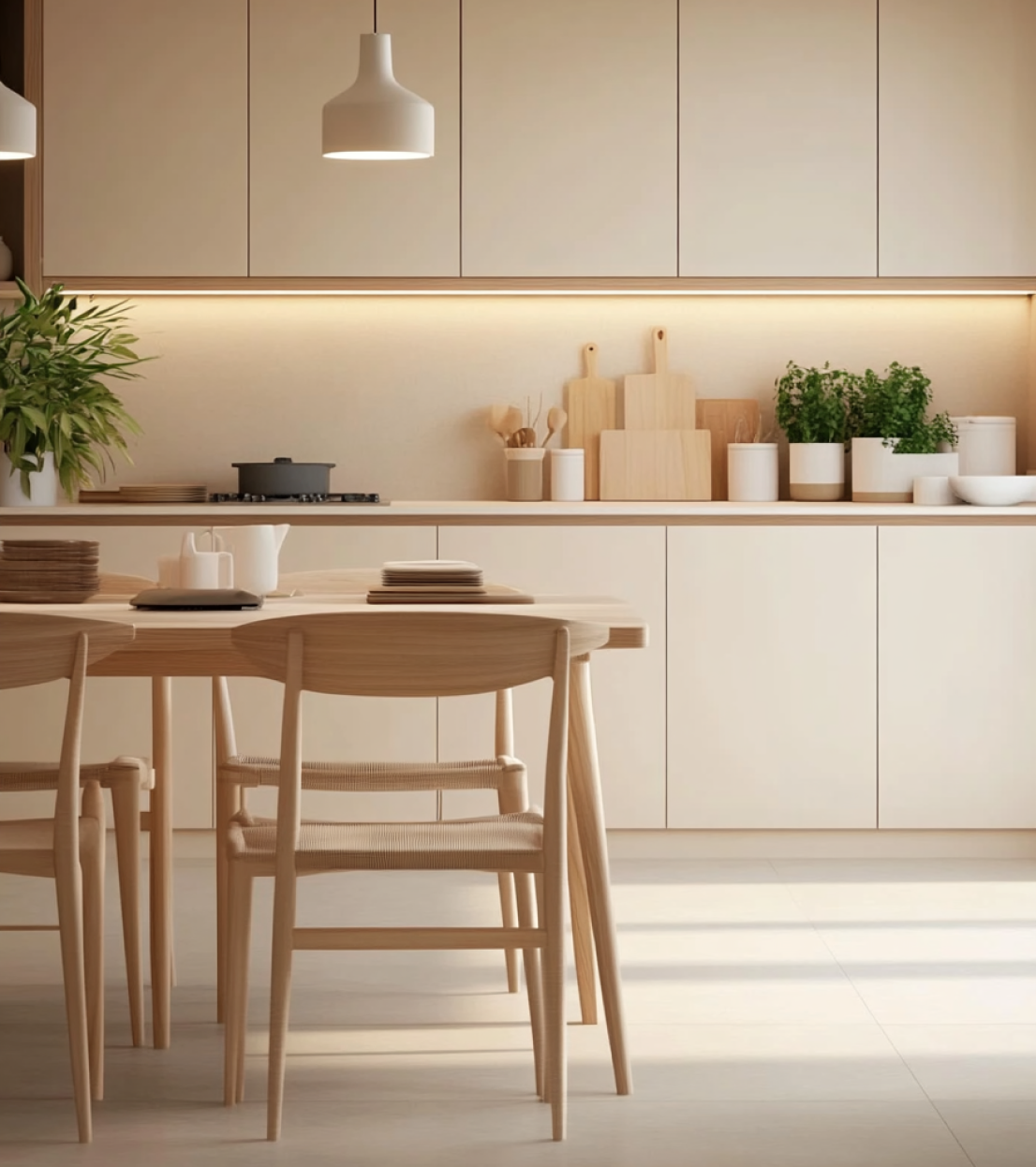 Glossy Island Kitchen with Dark Accents and Floor-to-Ceiling Windows | Material Depot