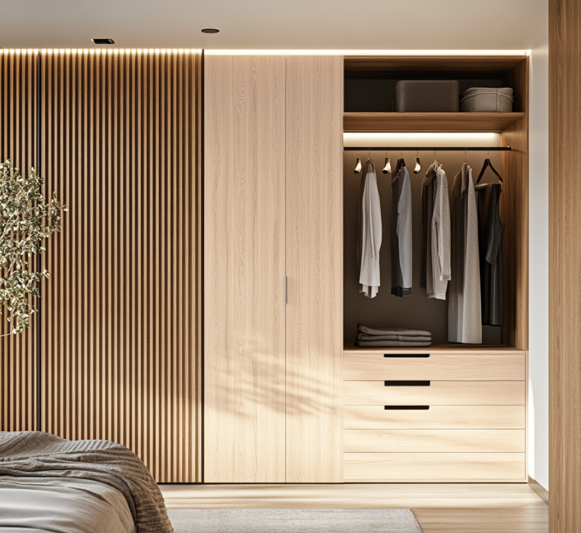 Minimalist Sliding Wooden Laminate Wardrobe with Fluted Panel Design | Material Depot