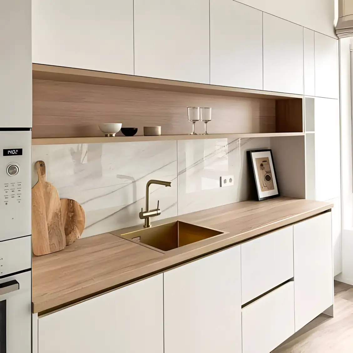 Minimalist White Kitchen with Wooden Countertops and Gold Accents | Material Depot