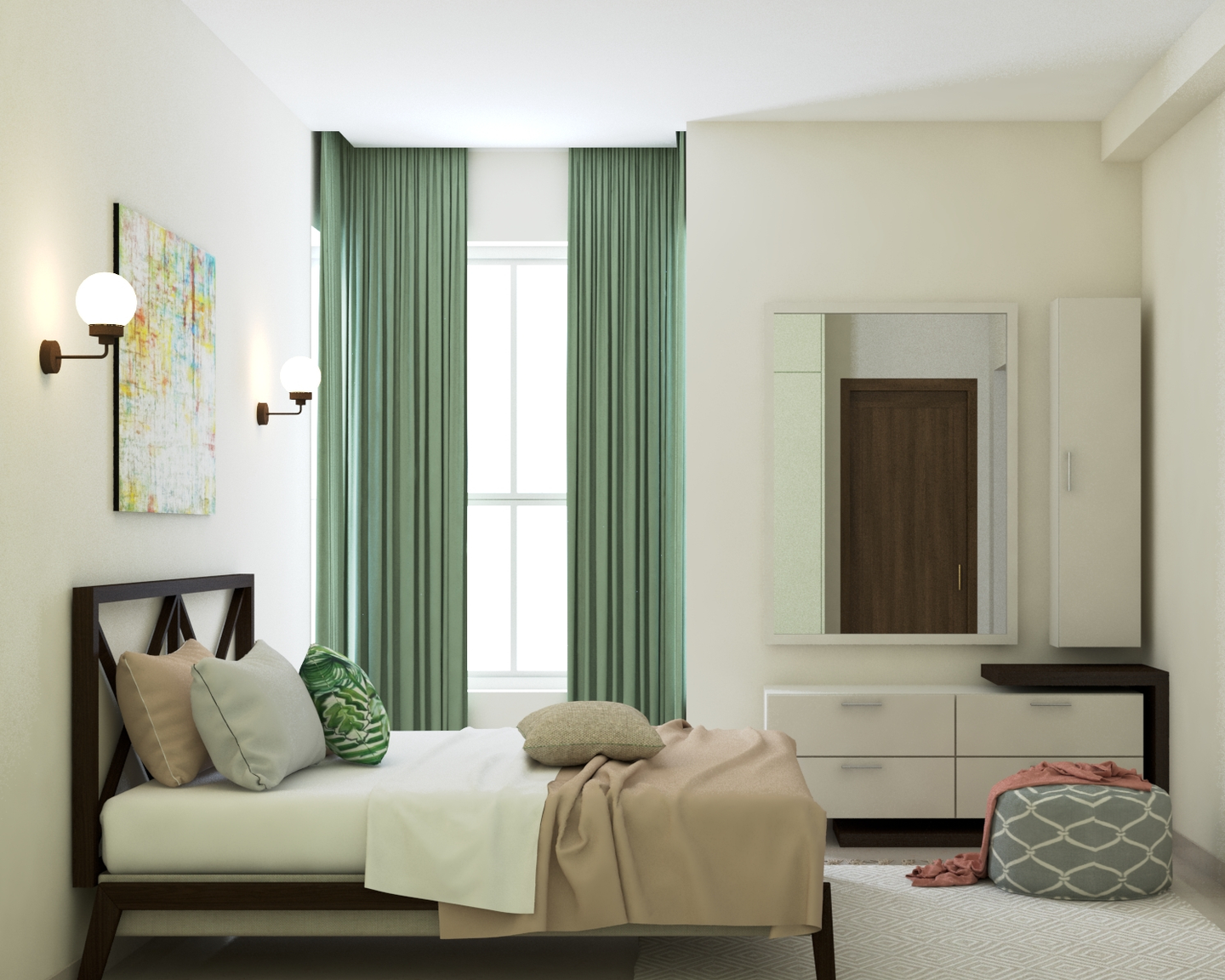 Minimalist master bedroom with green accents and functional decor