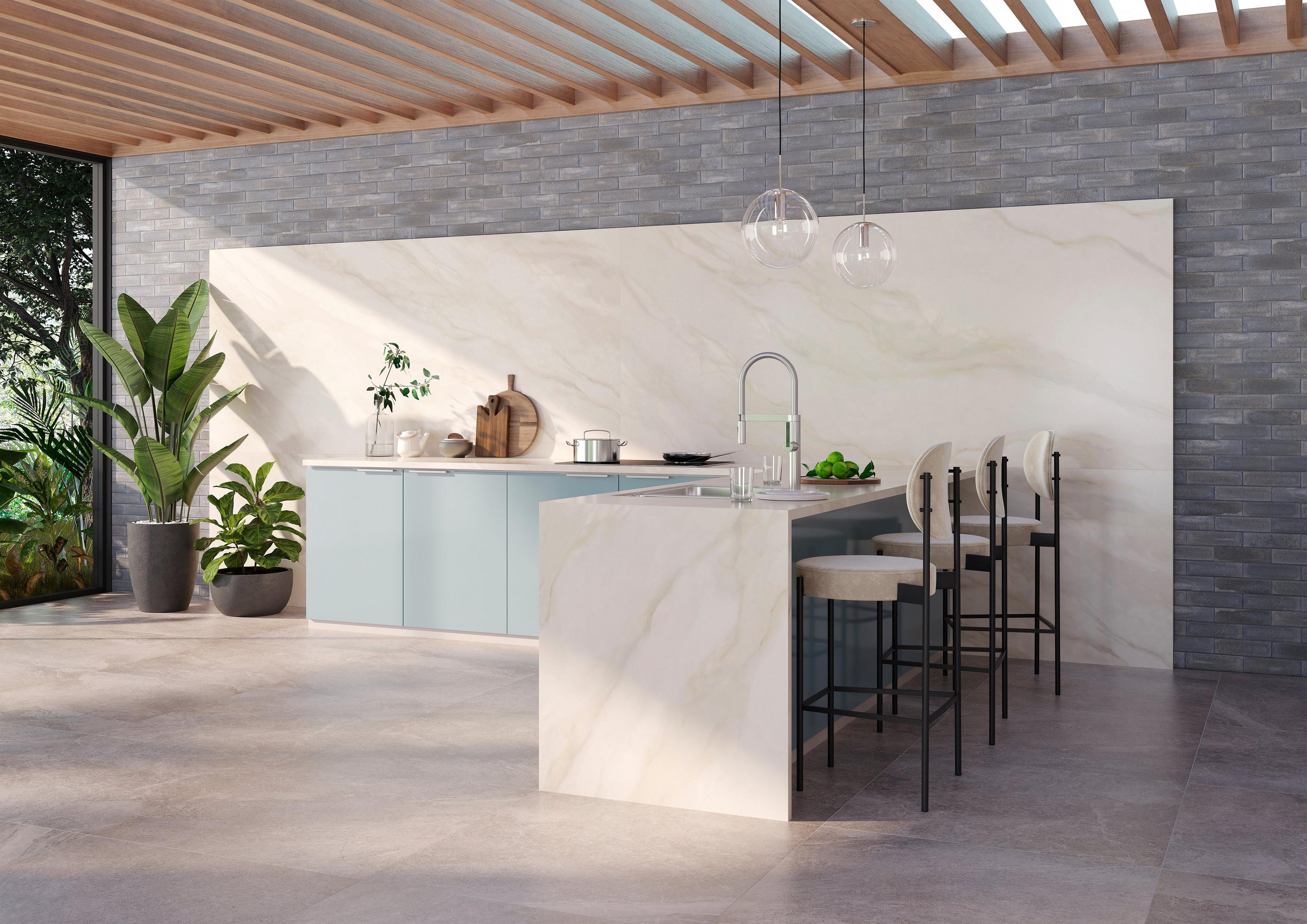 Kitchen area with grey and white tiles