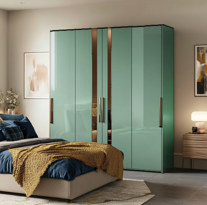 Mint Green Gloss Laminate Wardrobe with Gold Handles in Modern Bedroom | Material Depot