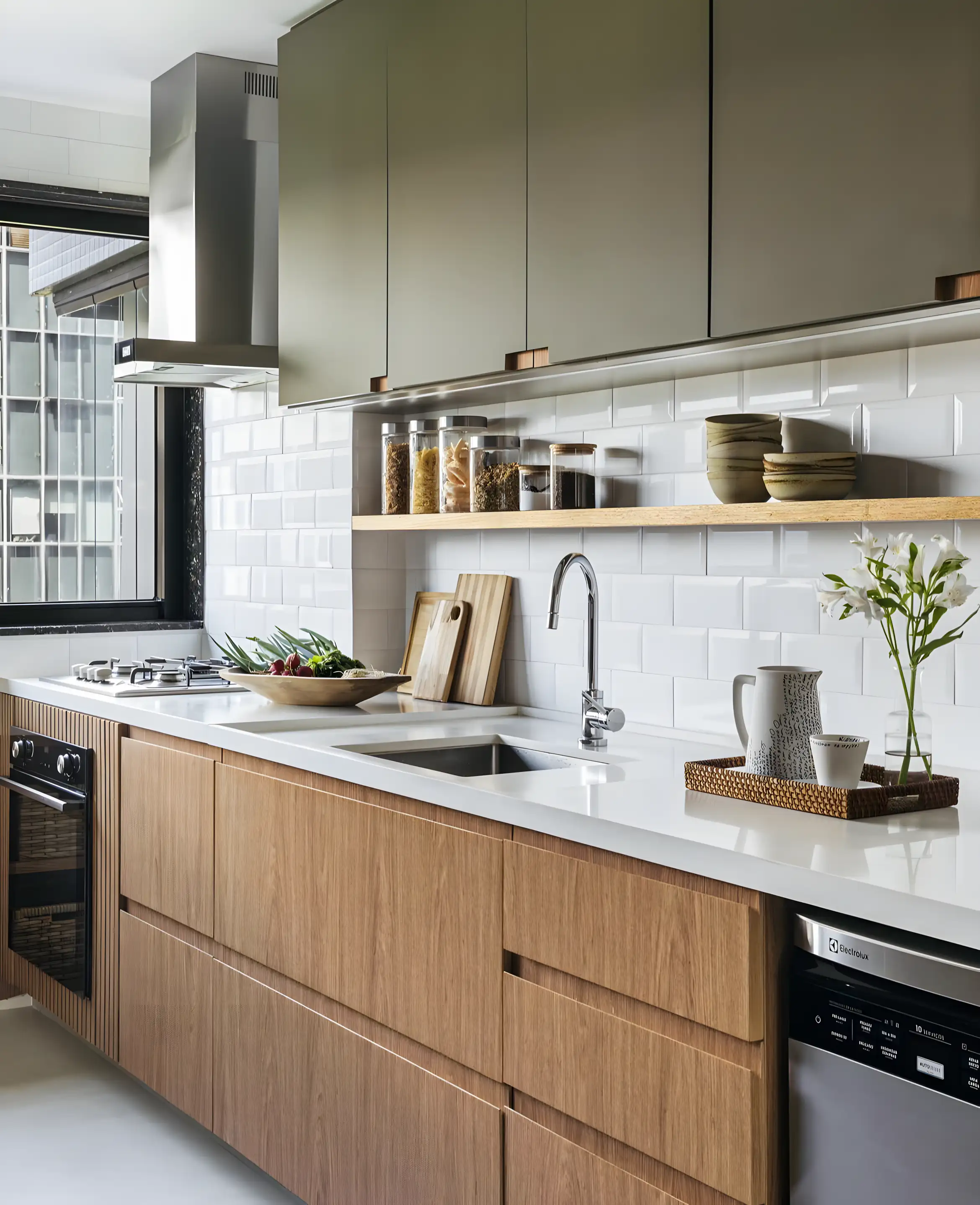 Modern Two-Tone Kitchen with Olive Green Cabinets and Wooden Accents | Material Depot