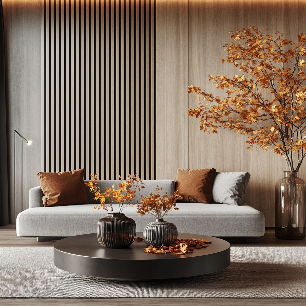 Modern Autumn-Inspired Living Room with Wooden Slats and Warm Accents | Material Depot