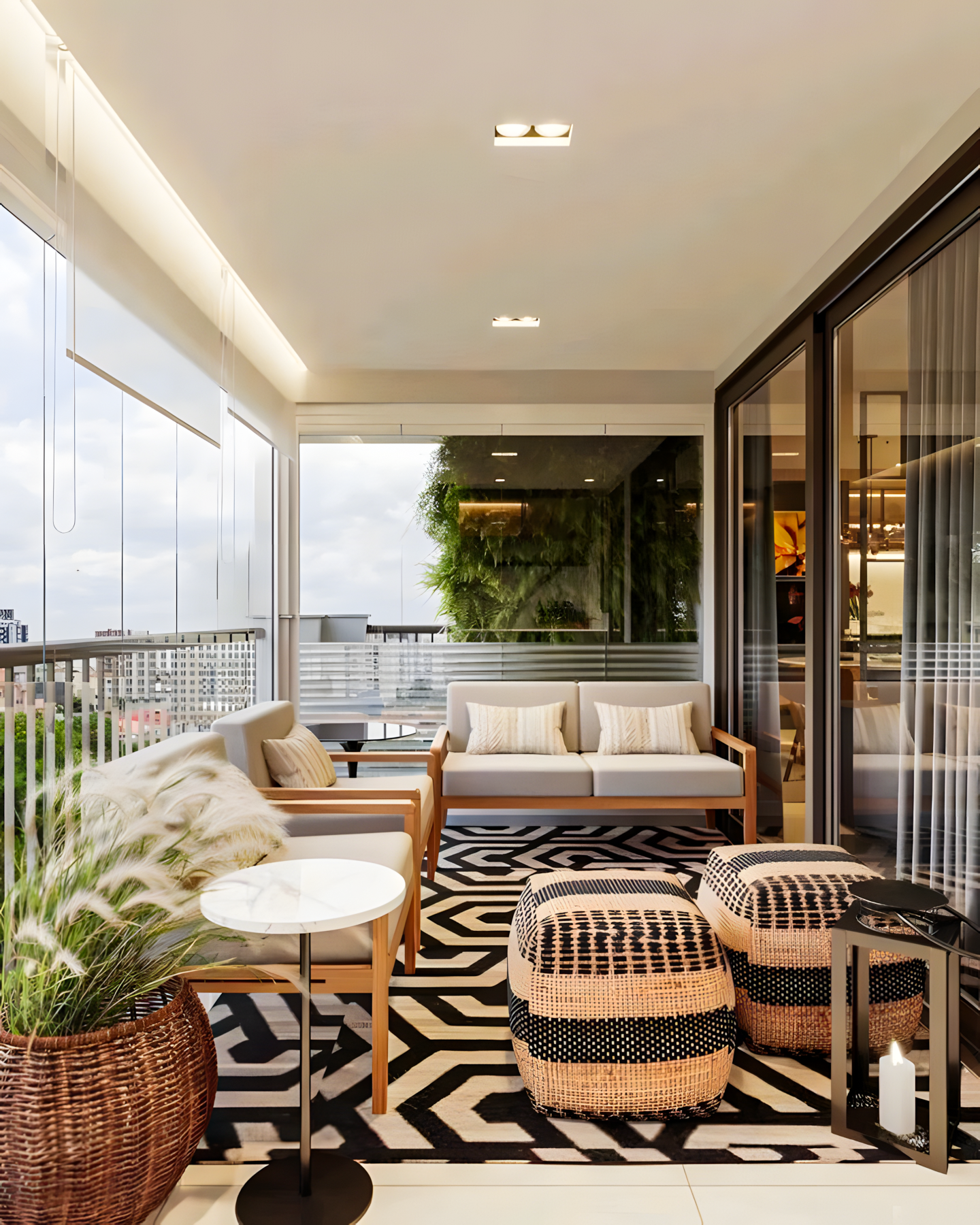 Modern Balcony with Geometric Rug and Outdoor Seating | Material Depot