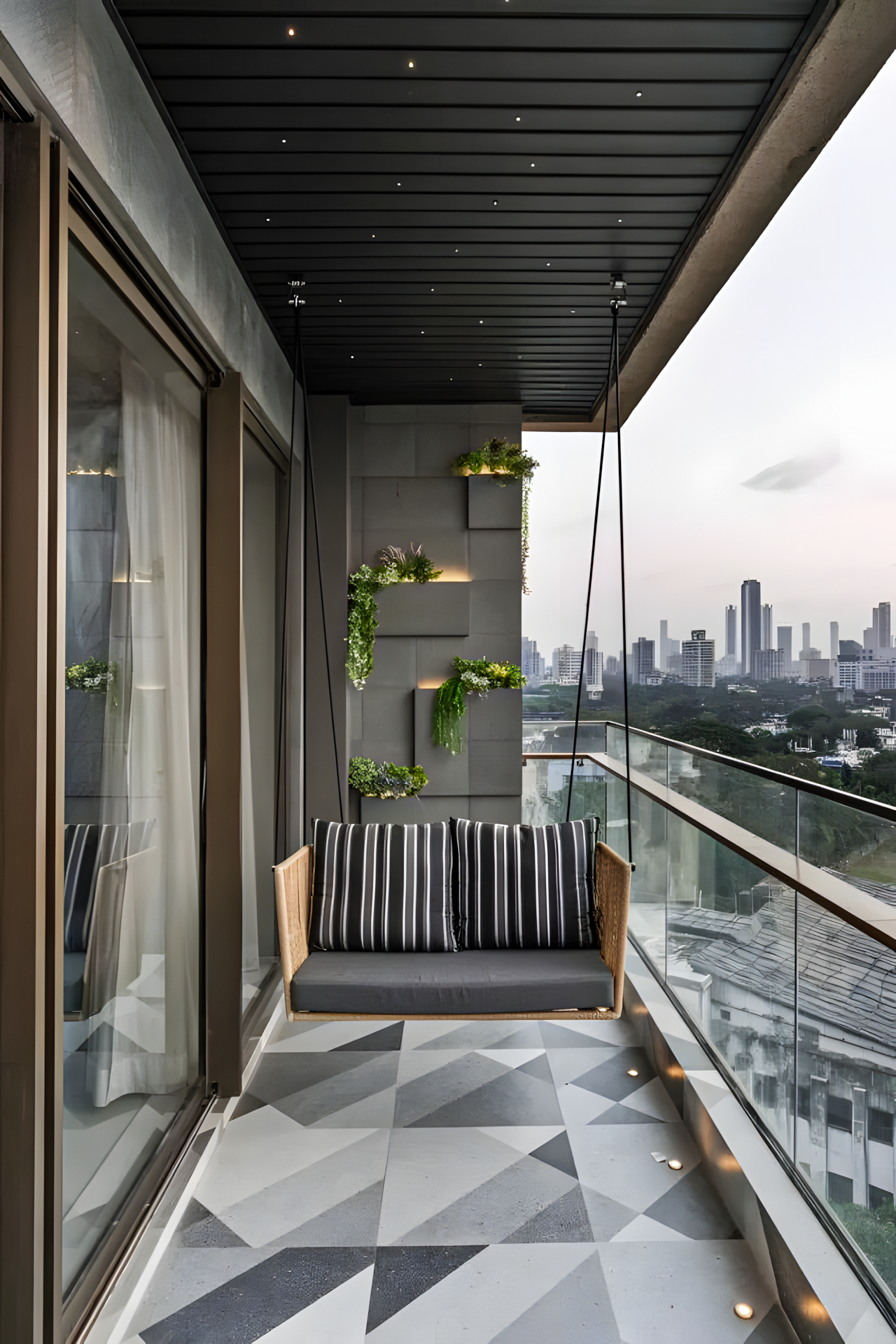 Modern Balcony with Geometric Tiles and City Views | Material Depot