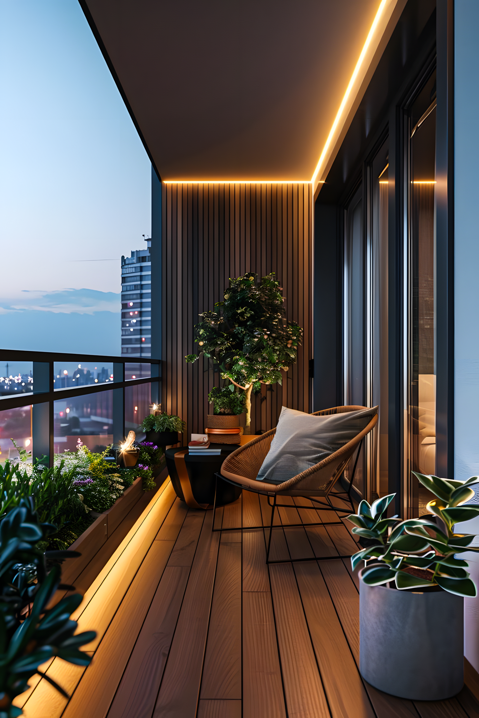 Modern Balcony with Wooden Decking and City Views | Material Depot