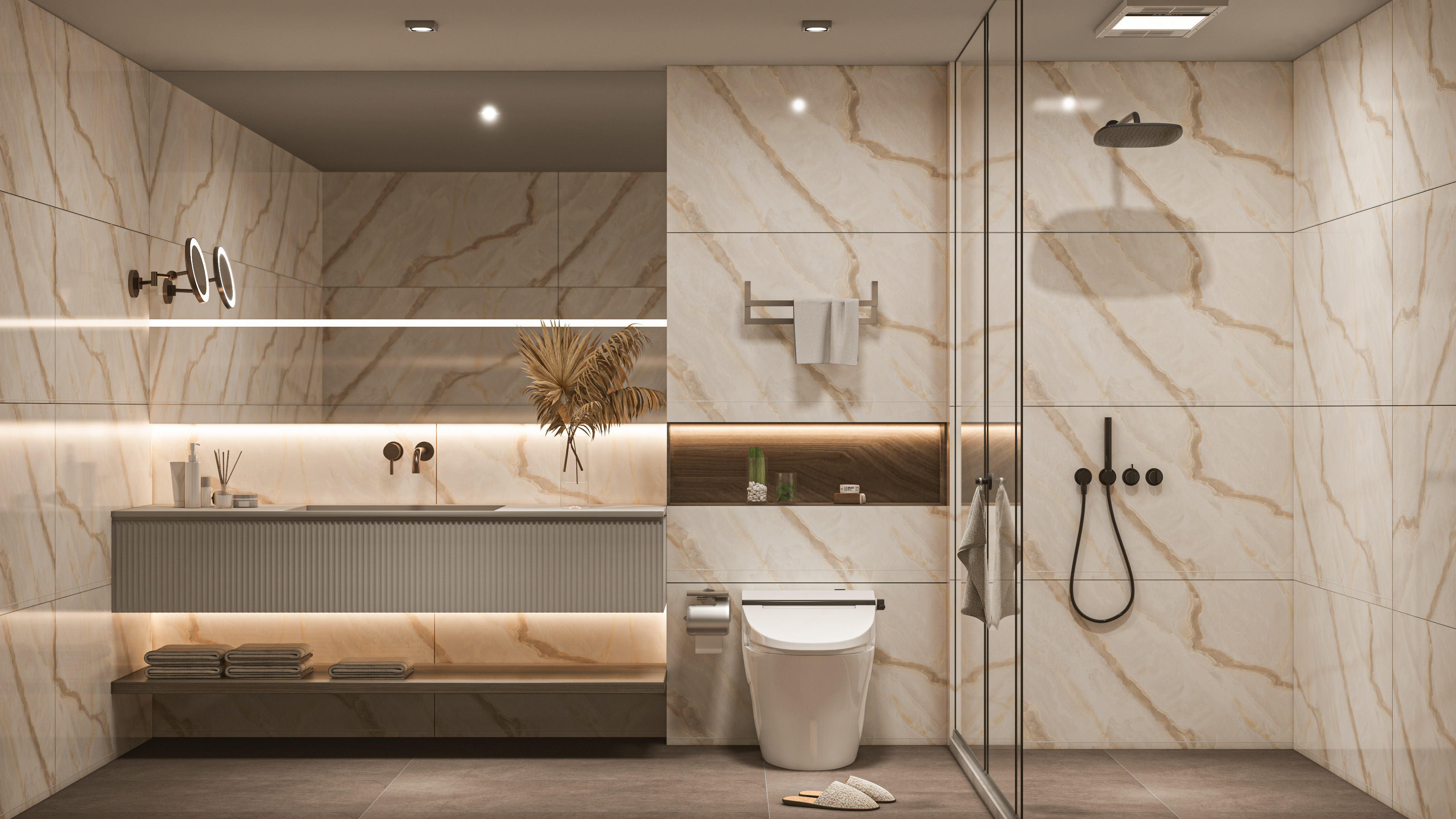 Modern Bathroom with Beige Marble Accent Walls | Material Depot