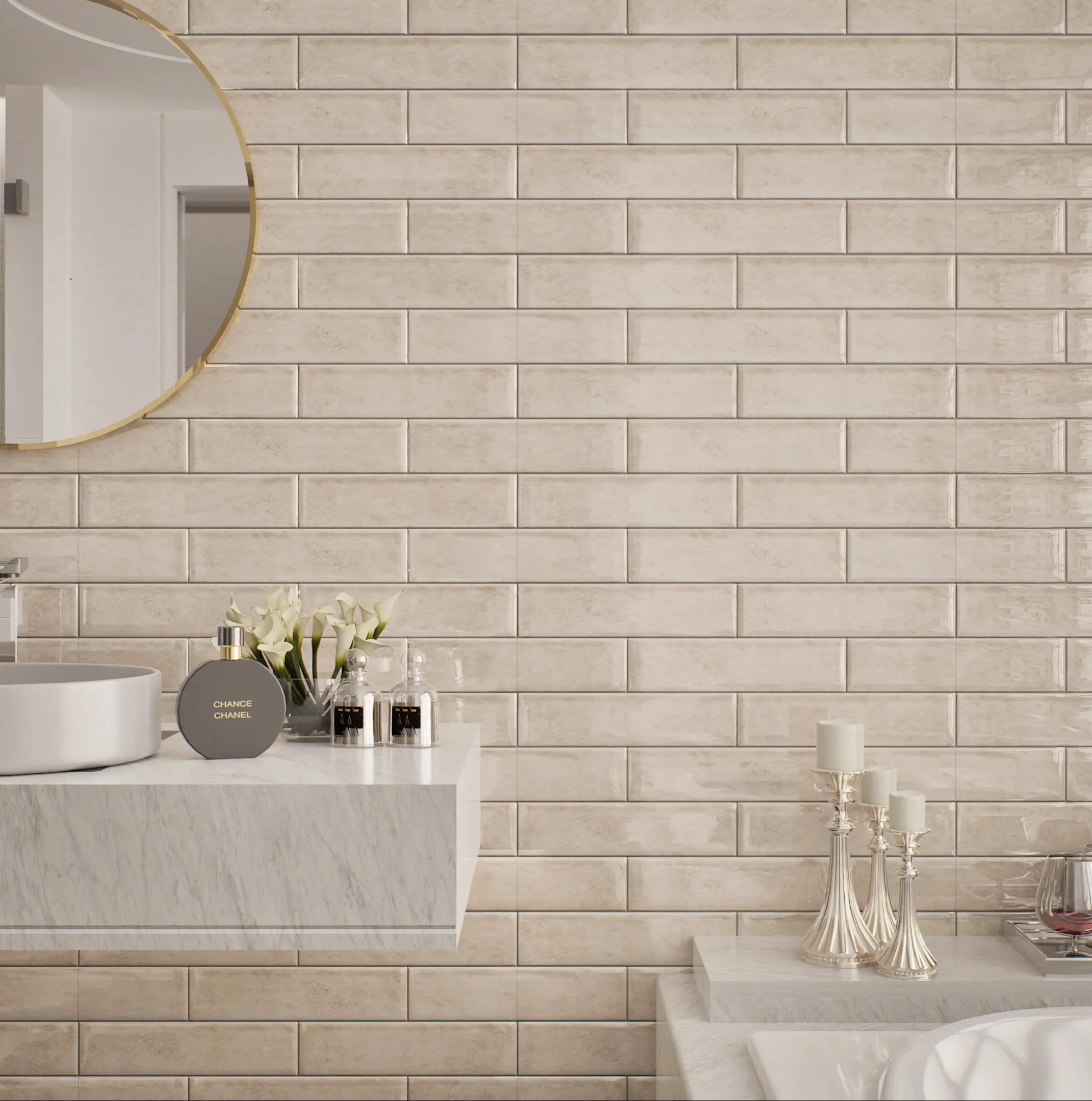 Modern Bathroom with Beige Subway Tiles | Material Depot