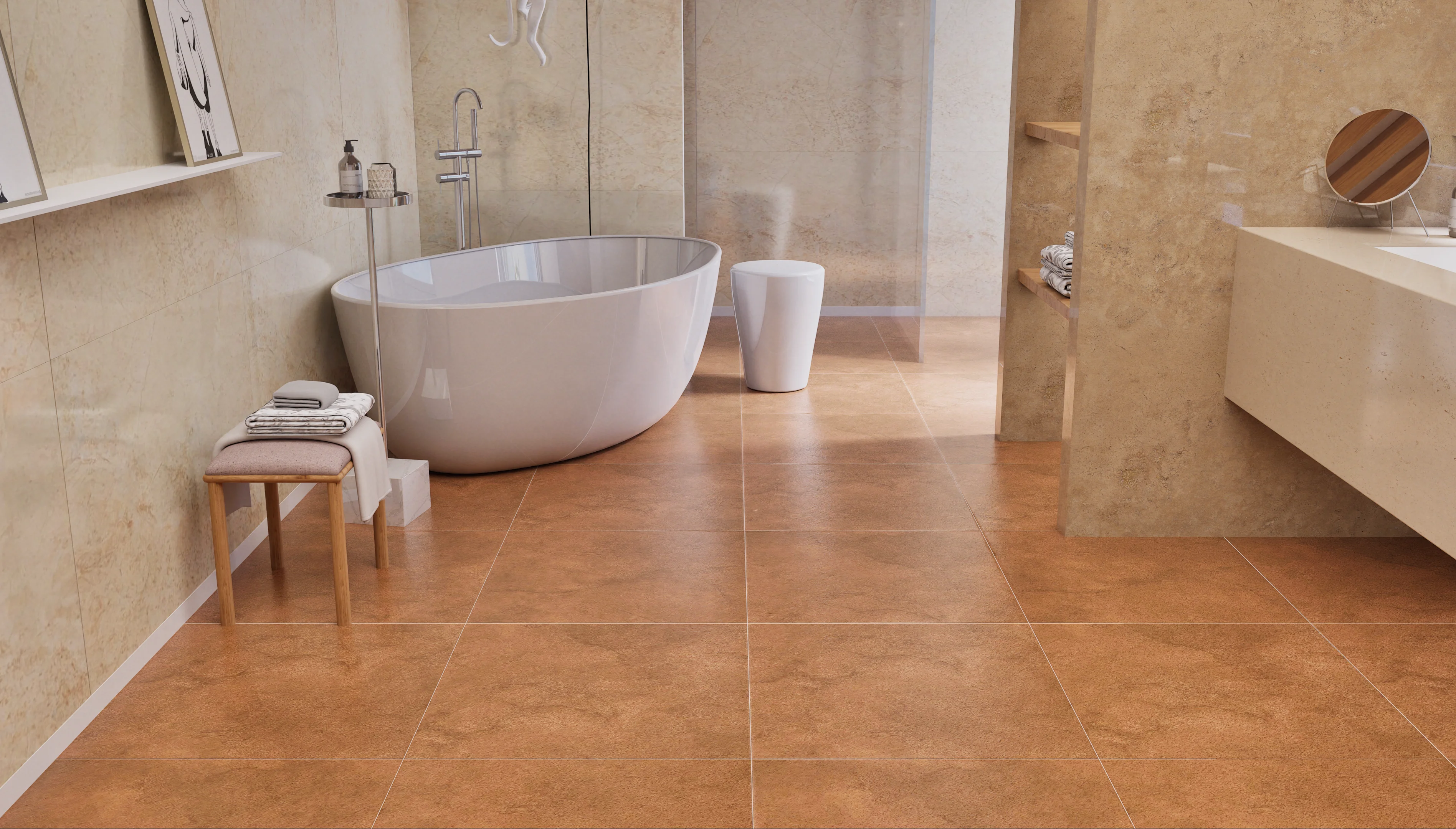 Modern Bathroom with Beige Tile Flooring | Material Depot