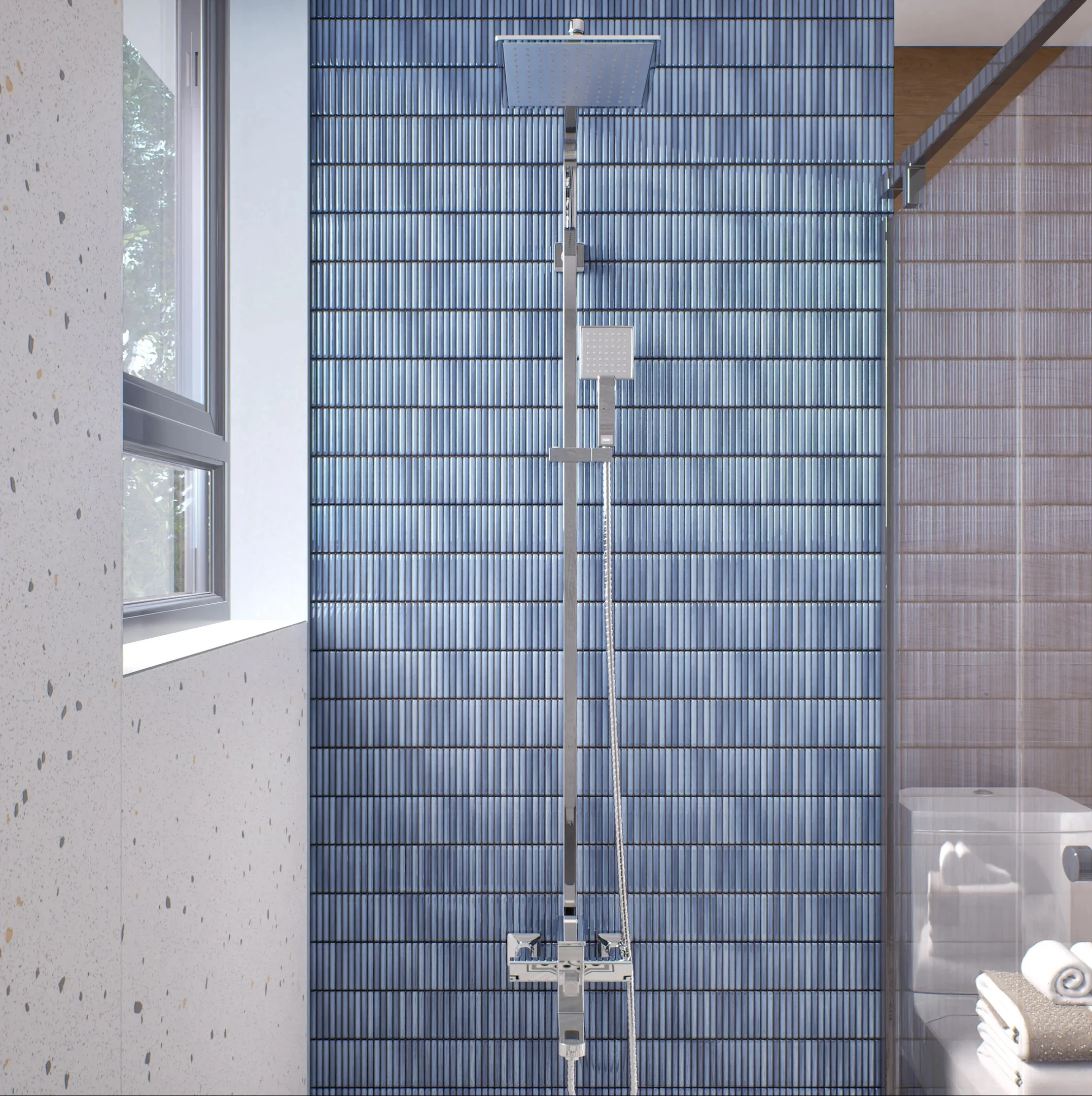 Modern Bathroom with Blue Slatted Tile Shower Wall | Material Depot