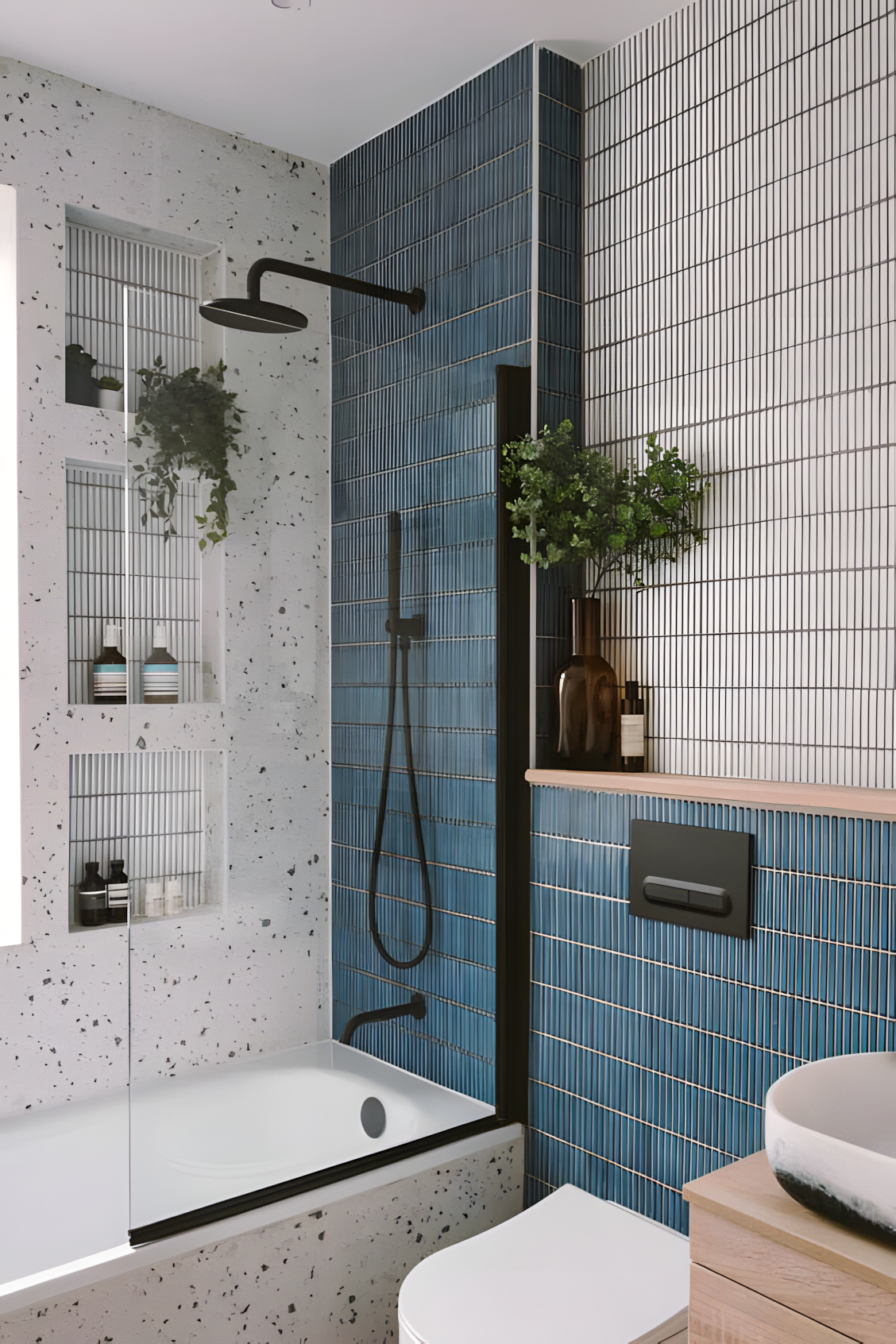 Modern Bathroom with Blue Subway Tiles and Terrazzo Accents | Material Depot