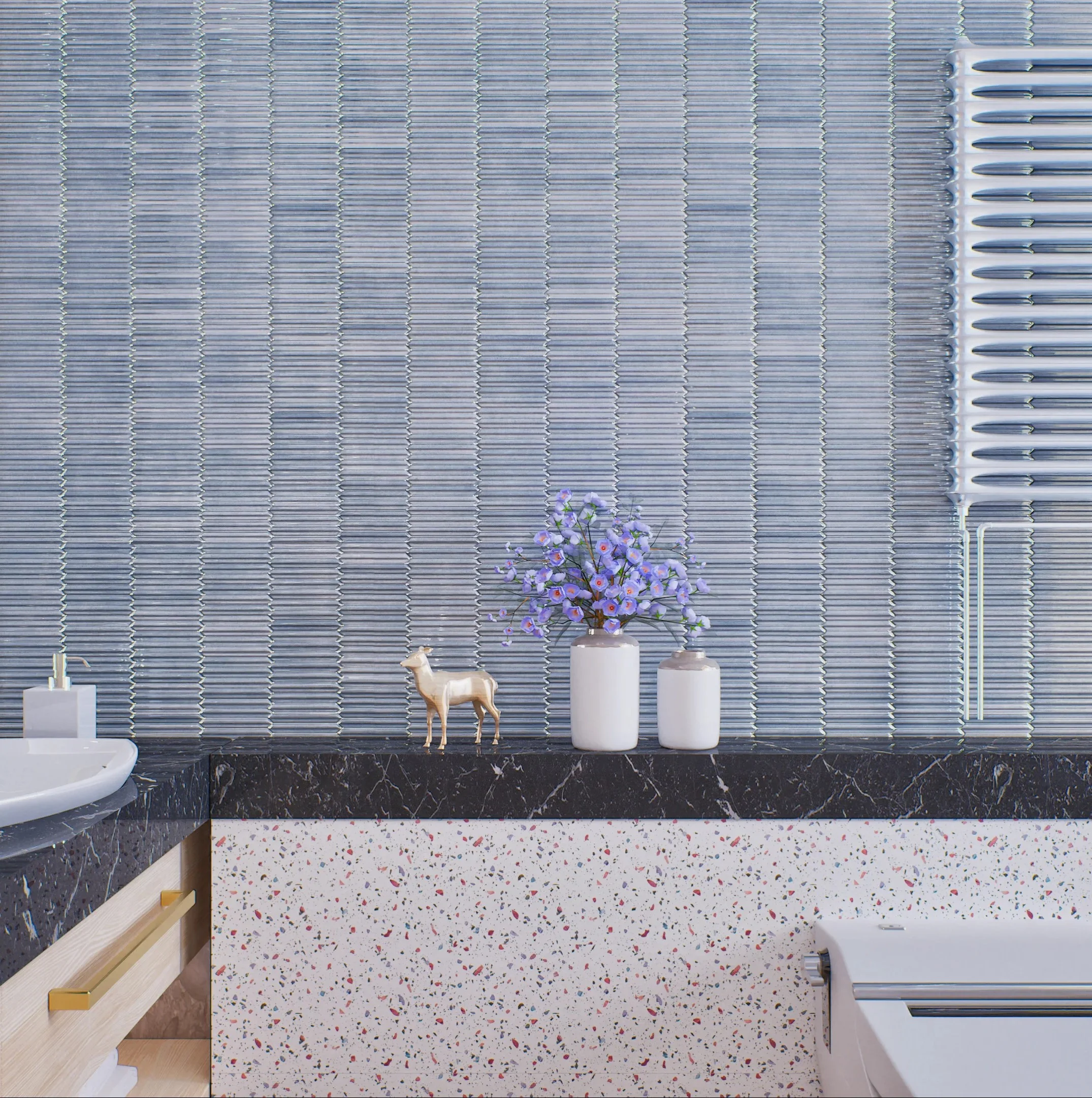 Modern Bathroom with Blue Textured Tile Wall | Material Depot