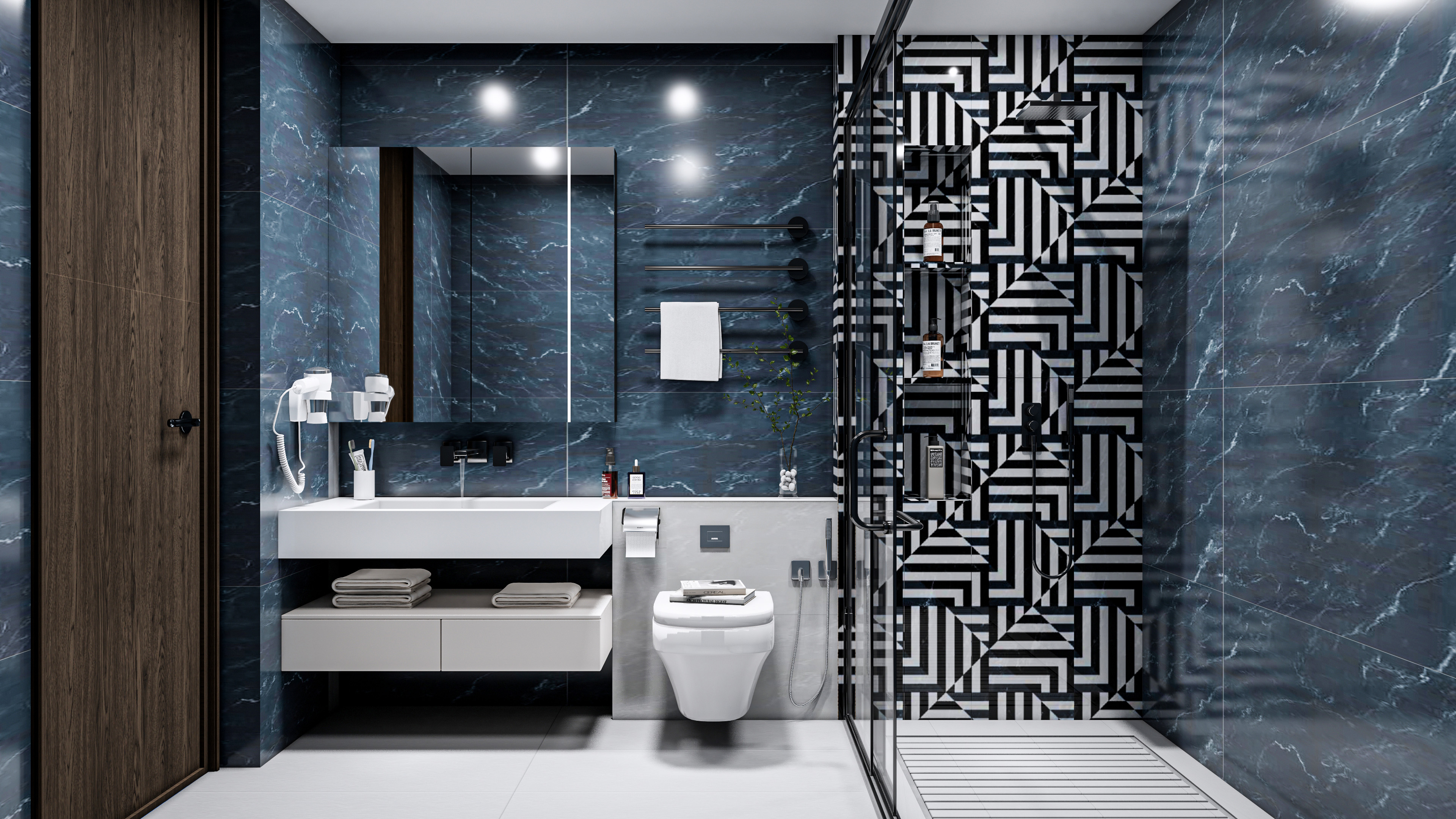 Modern Bathroom with Bold Black & White Patterns and Deep Blue Marble | Material Depot