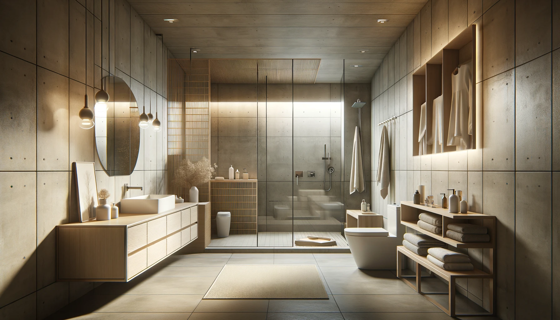 Modern Bathroom with Concrete Details and Warm Wooden Tones | Material Depot