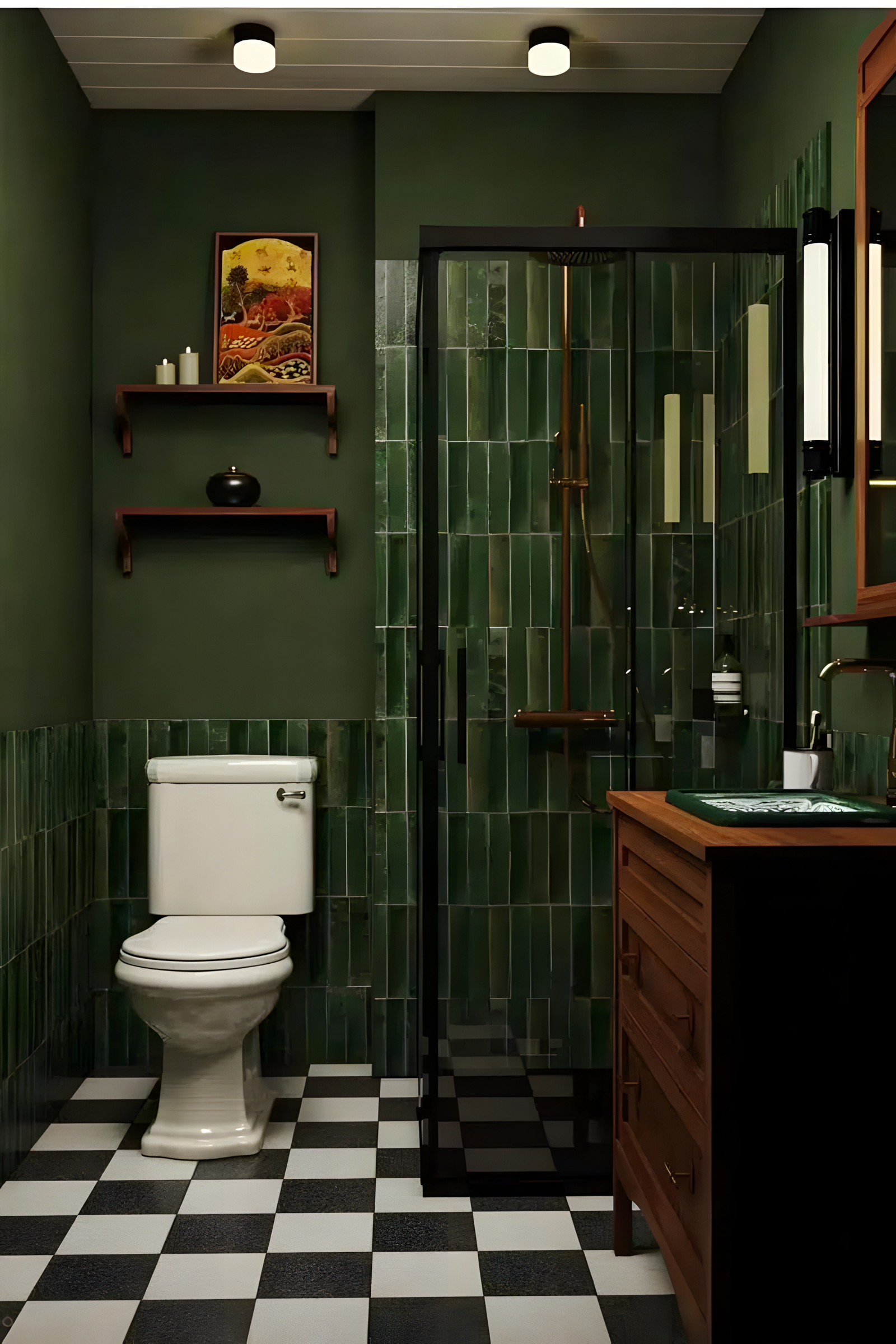 Modern Bathroom with Dark Green Walls and Black and White Floor Tiles | Material Depot