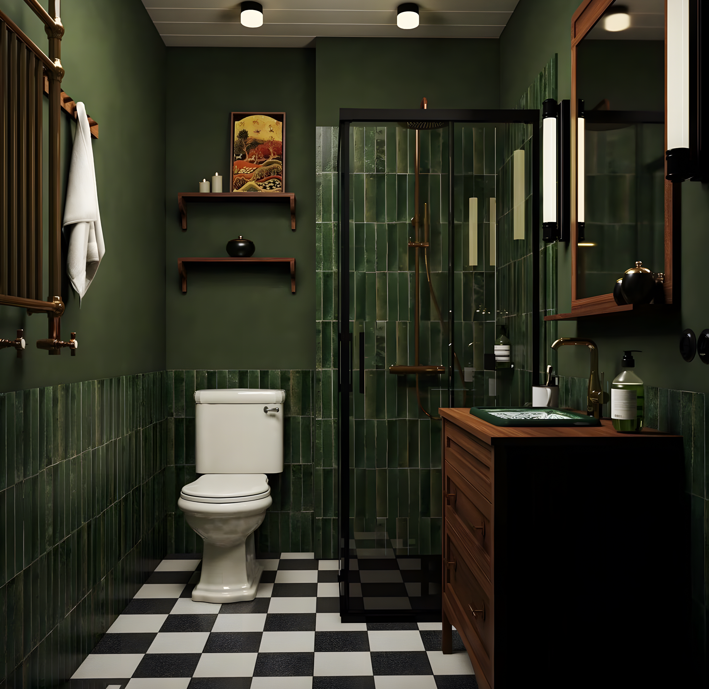 Modern Bathroom with Dark Green Walls and Black and White Floor Tiles | Material Depot