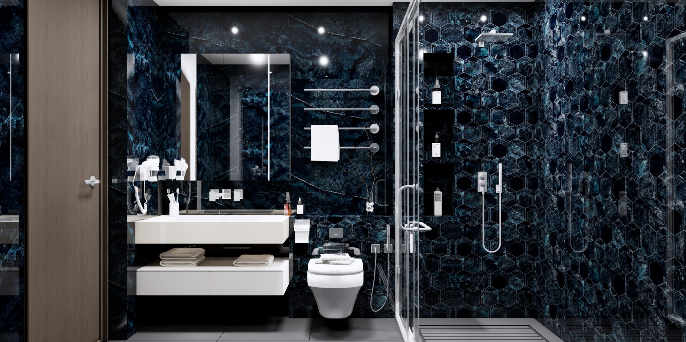 Modern Bathroom with Dark Hexagonal Tiles and Sleek Vanity | Material Depot