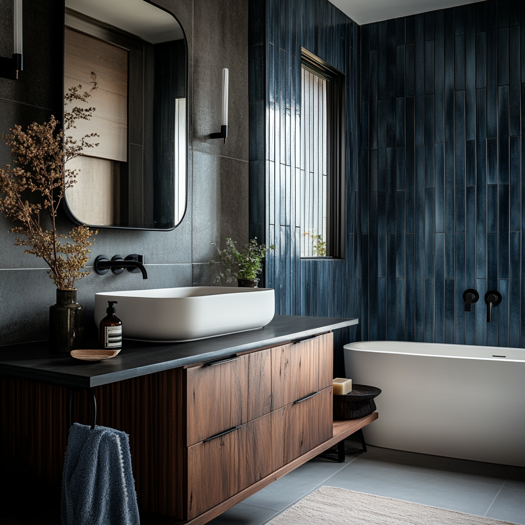 Modern Bathroom with Deep Blue Tiled Wall and Wood Accents | Material Depot