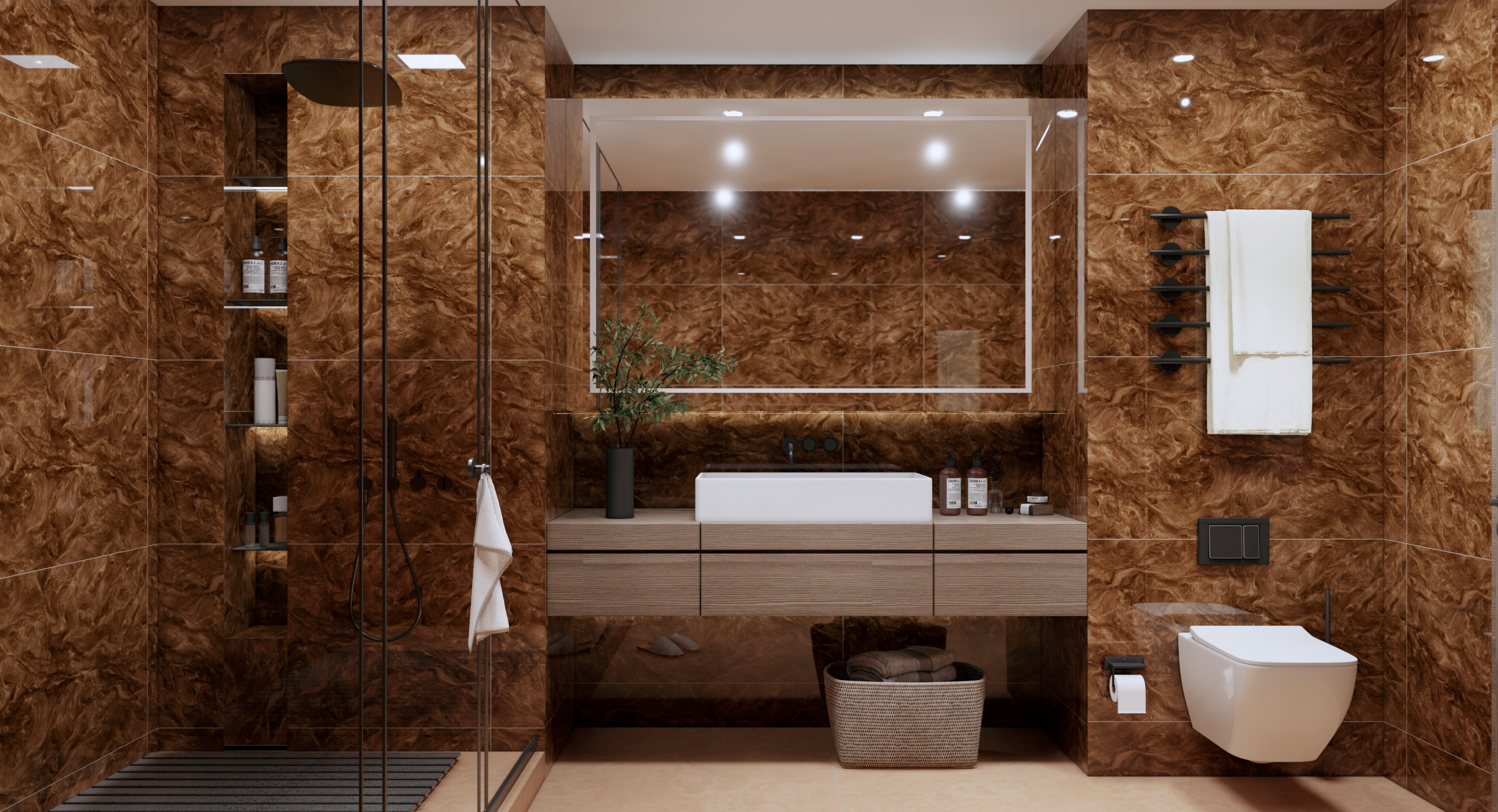 Modern Bathroom with Glossy Brown Marble Walls | Material Depot