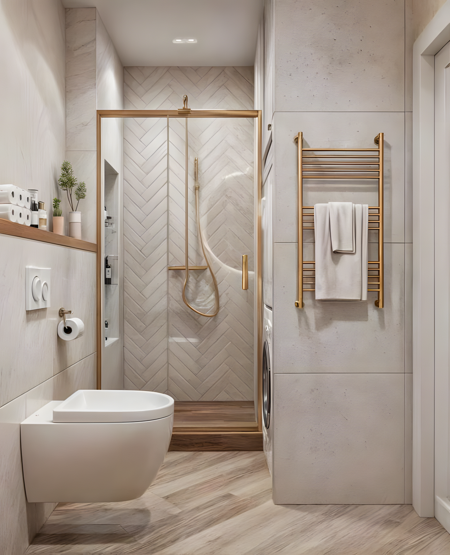 Modern Bathroom with Gold Fixtures and Herringbone Tiles | Material Depot