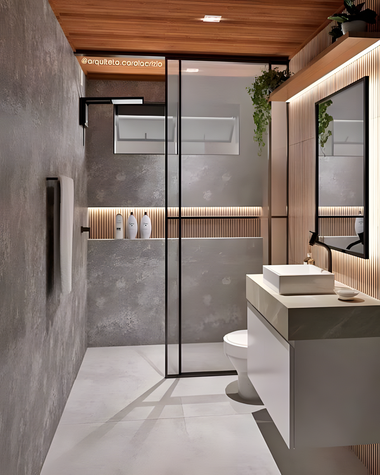 Modern Bathroom with Gray Walls and Wooden Accents | Material Depot