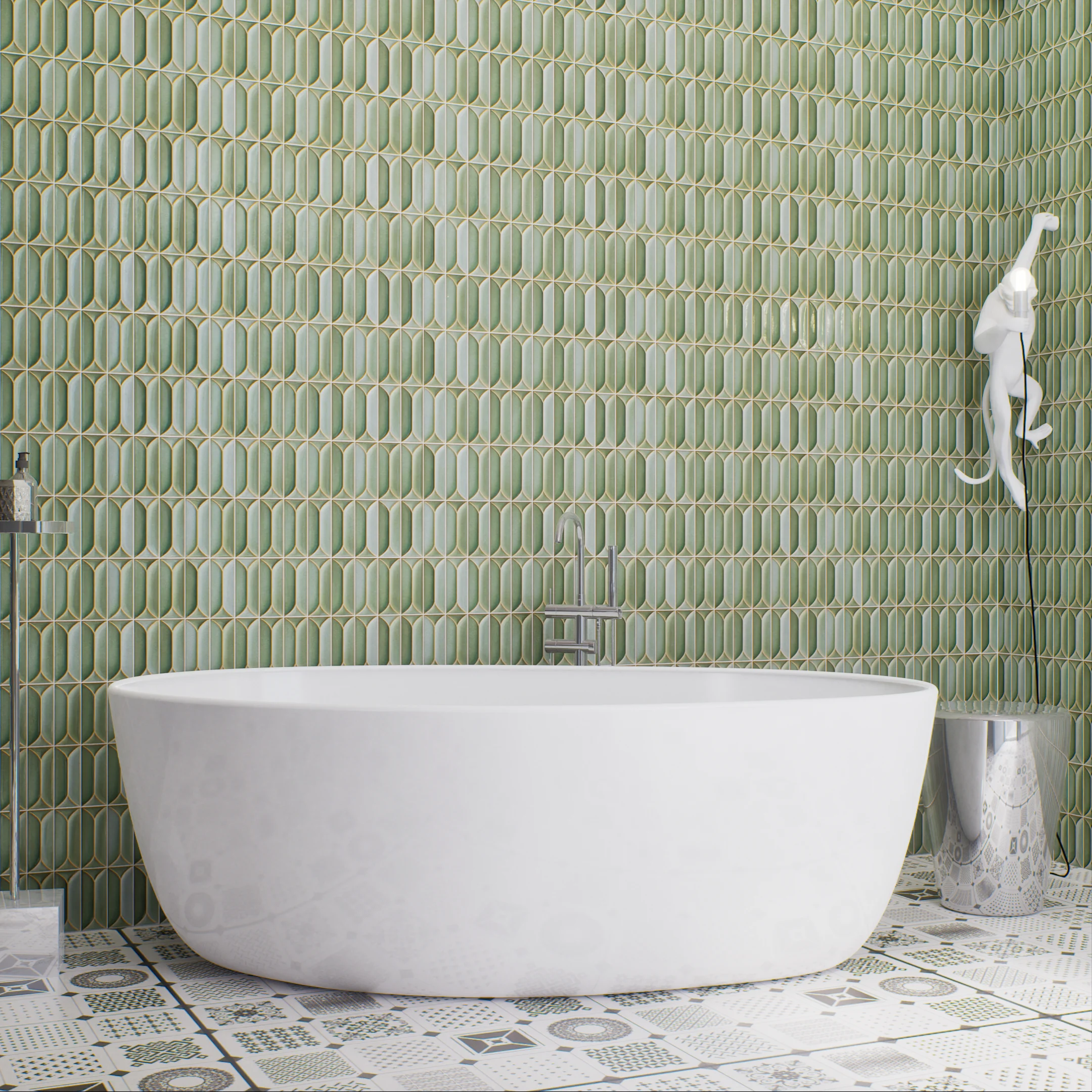 Modern Bathroom with Green Geometric Tiles and Freestanding Tub | Material Depot