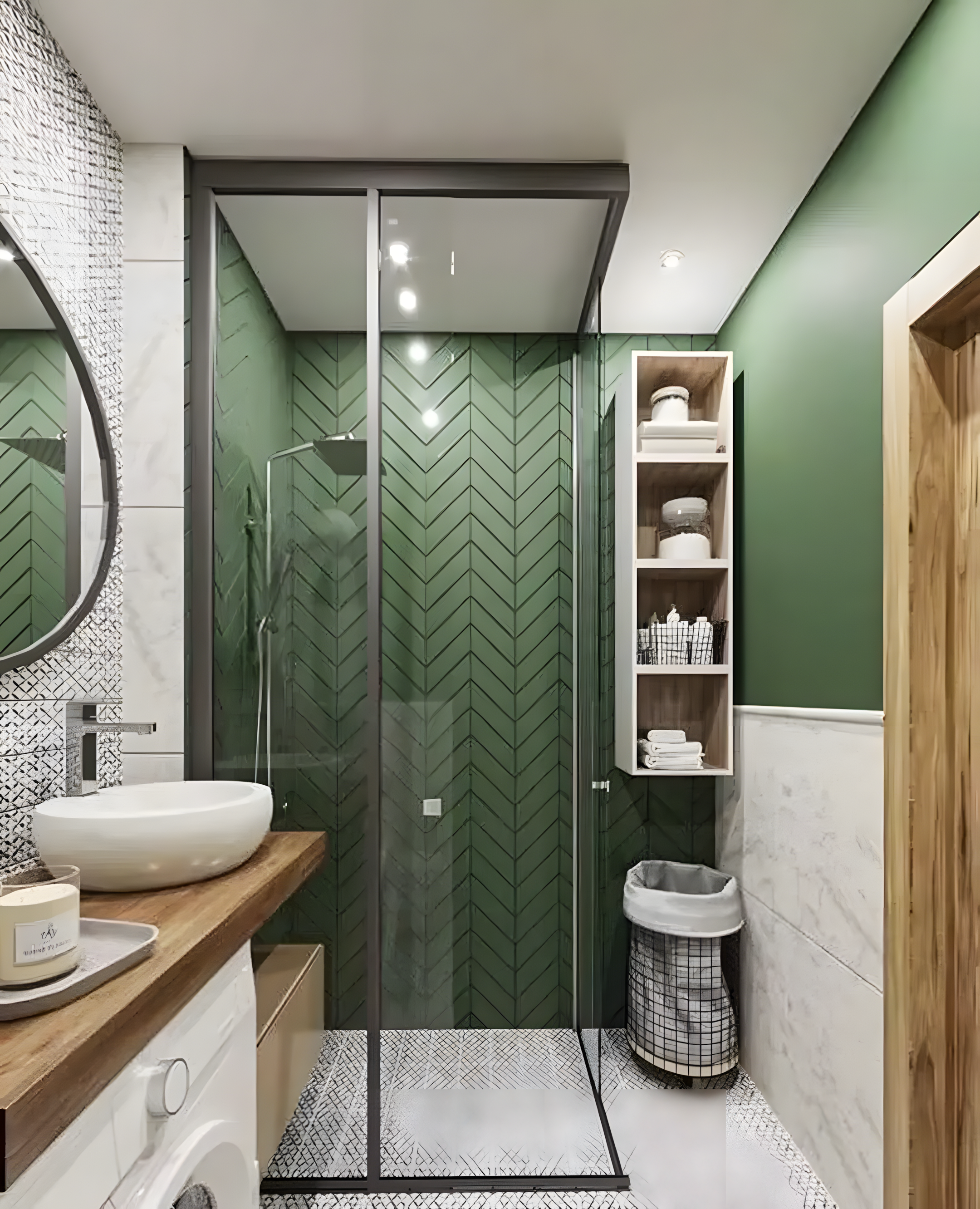 Modern Bathroom with Green Herringbone Tiles | Material Depot