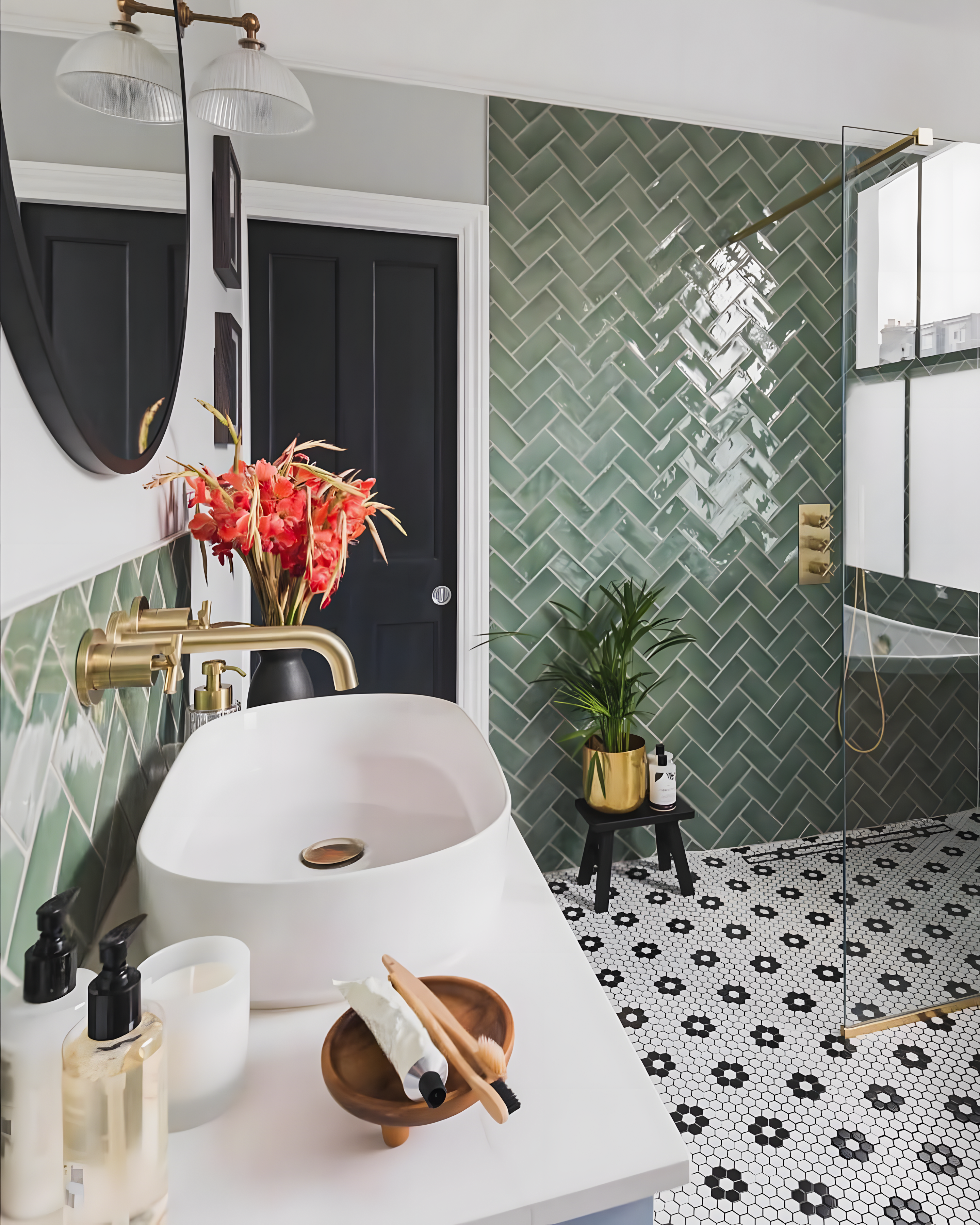 Modern Bathroom with Green Herringbone Tiles | Material Depot