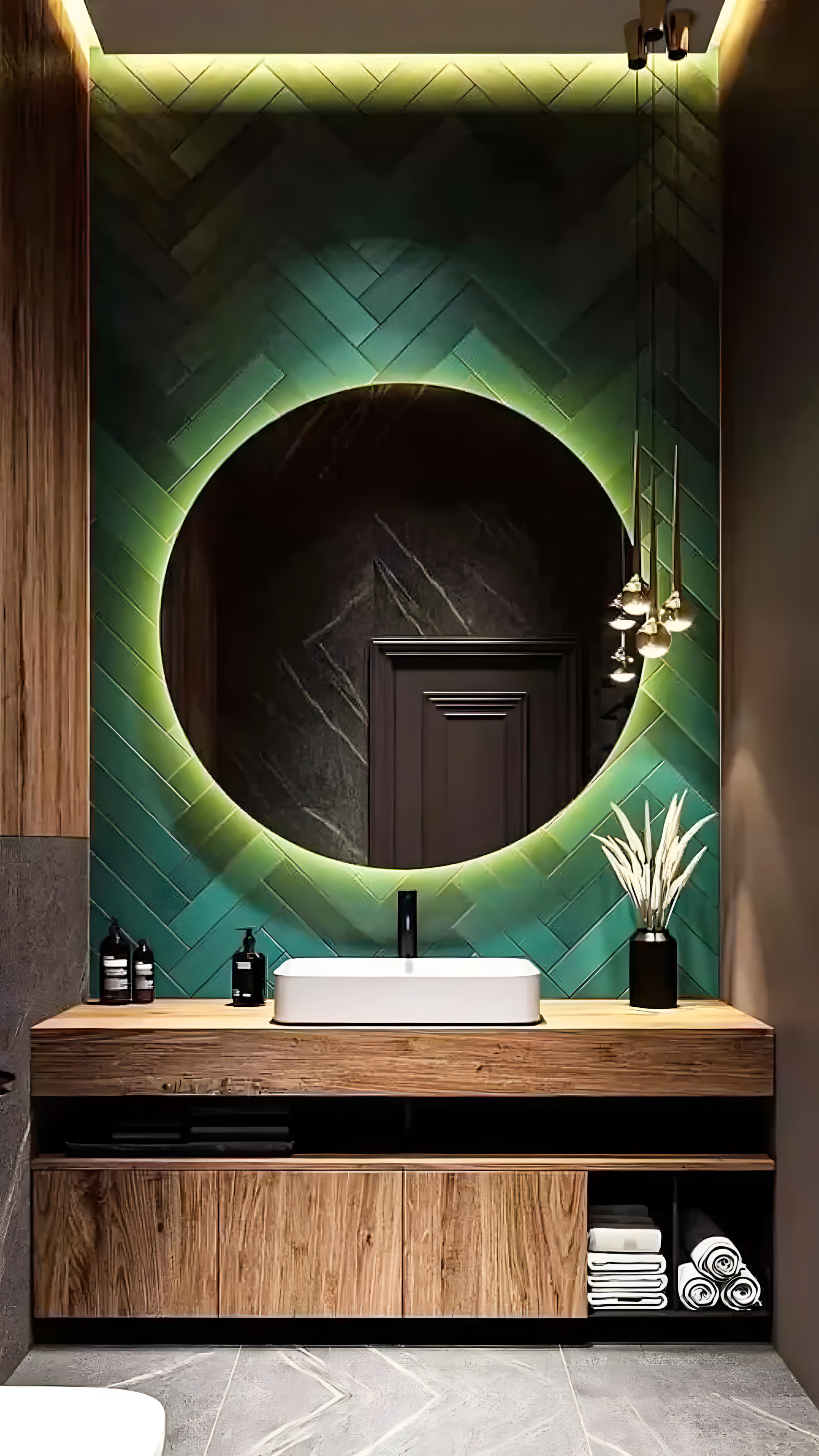 Modern Bathroom with Green Herringbone Tiles | Material Depot